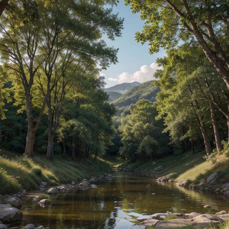 A beautiful landscape painting in the highest quality, with a resolution of 4k, 8k, and highres, showcasing ultra-detailed and realistic visuals with photorealistic accuracy. The painting captures a serene and breathtaking landscape in a natural color palette, creating a vivid atmosphere that transports the viewer into the scene.

The landscape features a vast expanse of rolling hills and lush green meadows, stretching as far as the eye can see. The hills are gently sloping and covered in a carpet of vibrant grasses and wildflowers, creating a picturesque and idyllic setting. In the distance, majestic mountains rise to the sky, their peaks kissed by soft clouds and bathed in golden sunlight.

Nestled within the landscape, a crystal-clear river meanders gracefully, reflecting the surrounding scenery like a mirror. The water sparkles under the warm sunlight, inviting the viewer to immerse themselves in the tranquil ambiance of the painting.

Tall, slender trees line the riverbanks, their branches reaching towards the sky with delicate leaves fluttering in the gentle breeze. The trees provide a natural frame for the composition, adding depth and a sense of scale to the artwork. Sunlight filters through the leaves, casting dappled shadows on the ground, creating a captivating interplay of light and shadow.

The painting showcases a realistic painting style, with meticulous attention to detail. The artist has captured the intricate textures of the landscape, from the rough bark of the trees to the delicate petals of the flowers. Every blade of grass and every ripple in the water is rendered with precision, immersing the viewer in the rich and lifelike depiction of nature.

The color palette of the painting is natural and harmonious, with a focus on earthy tones and soothing hues. The greens of the landscape are vibrant and lush, while the blues of the sky and water evoke a sense of calm and tranquility. The warm golden sunlight bathes the scene, imbuing it with a soft and inviting glow.

The lighting in the painting is masterfully executed, with the artist capturing the nuances of natural light. The sunlight casts