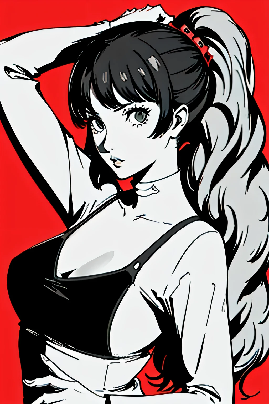 red_black_white,(masterpiece, highest quality:1.3), 1 girl, cel shading, bold outline, flat color, sharp shadows, graphic style, (Manga influence), beautiful line drawing, (striking visuals),