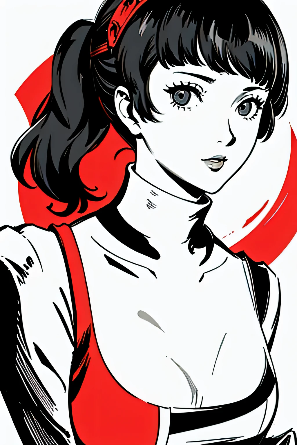 red_black_white,(masterpiece, highest quality:1.3), 1 girl, cel shading, bold outline, flat color, sharp shadows, graphic style, (Manga influence), beautiful line drawing, (striking visuals),