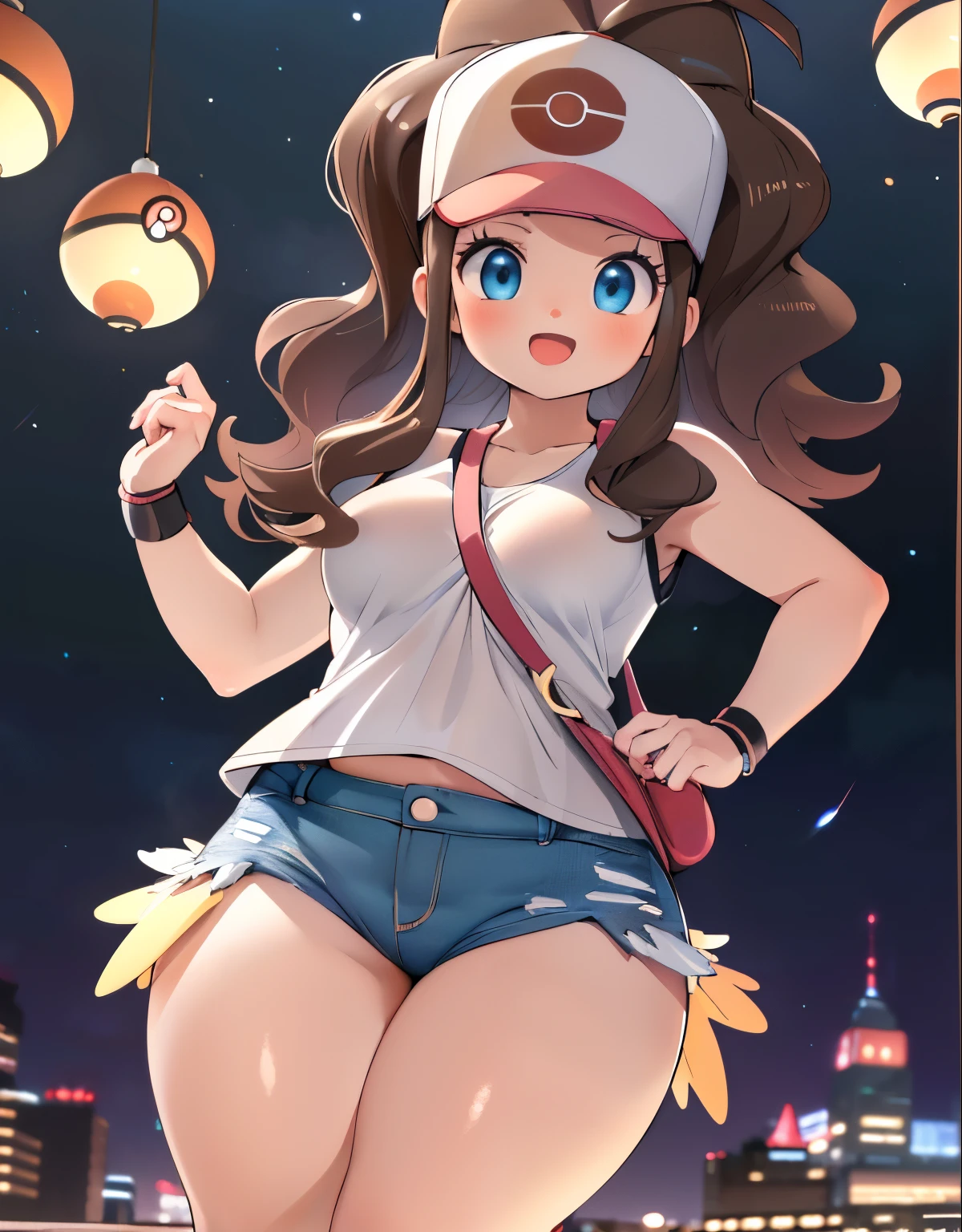 (highest quality, High resolution, masterpiece:1.2), Very detailed, Realistic:1.37, sketch, Hilda Pokemon, def1, I can see your thighs, Thick thighs, Thick thighs, Thighs in the foreground, Body Type, whole body, Adorable expression, smile, Open your mouth, Feminine charm, Browsing Caution, Dynamic pose, City of night, Hero View