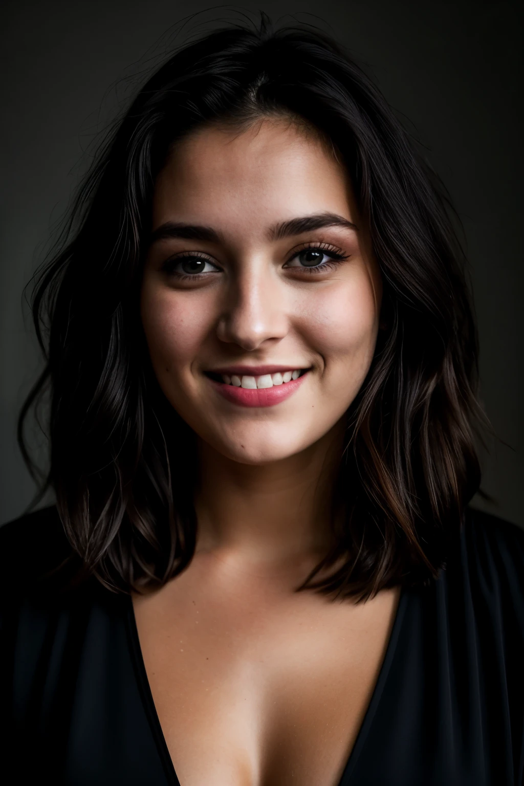 Photo brute, visage portrait photo d'une belle 26 ans.oh woman, Visage mignon, Porter une robe noire, happy face, ombres dures, cinematic plan, Dramatic lighting