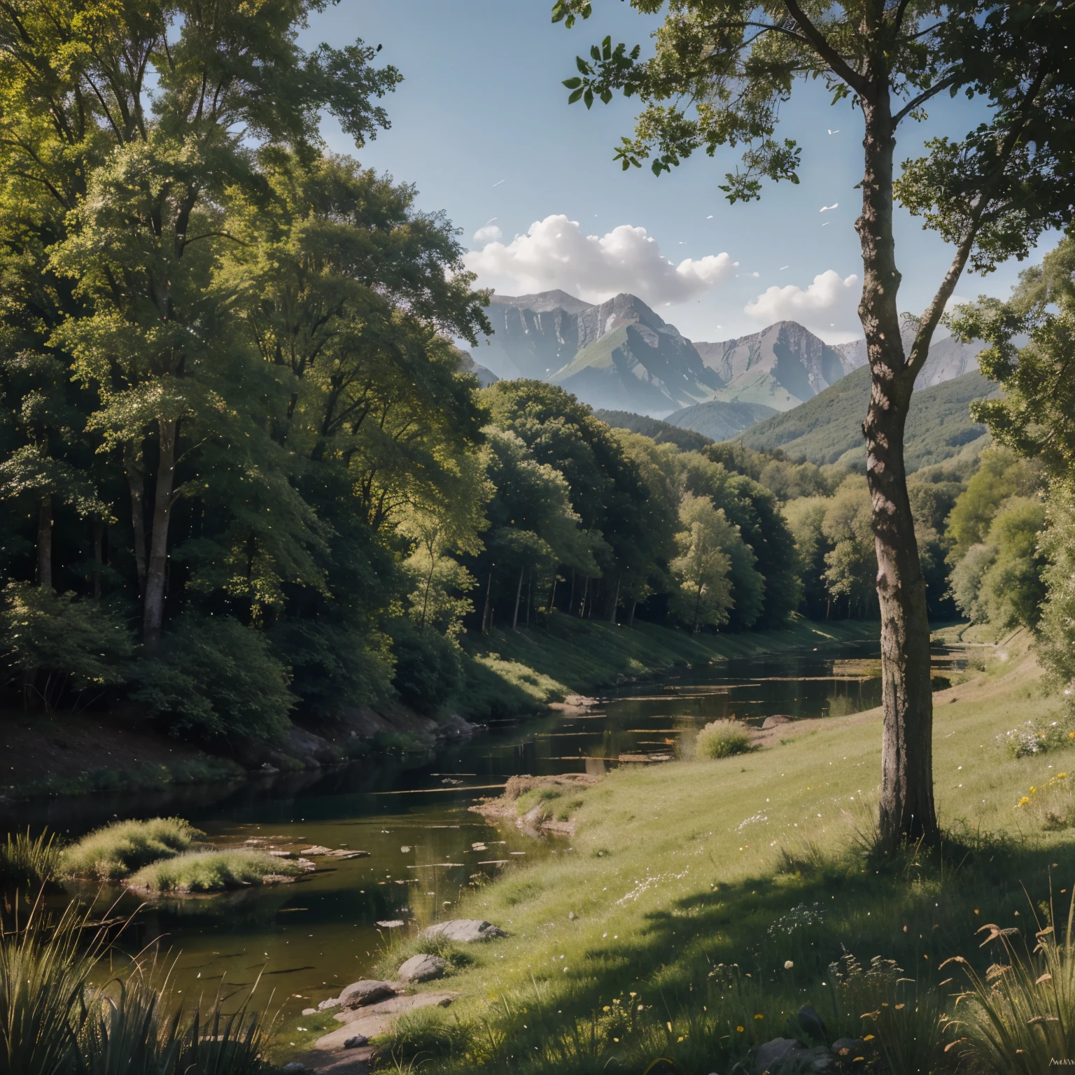 A beautiful landscape painting in the highest quality, with a resolution of 4k, 8k, and highres, showcasing ultra-detailed and realistic visuals with photorealistic accuracy. The painting captures a serene and breathtaking landscape in a natural color palette, creating a vivid atmosphere that transports the viewer into the scene.

The landscape features a vast expanse of rolling hills and lush green meadows, stretching as far as the eye can see. The hills are gently sloping and covered in a carpet of vibrant grasses and wildflowers, creating a picturesque and idyllic setting. In the distance, majestic mountains rise to the sky, their peaks kissed by soft clouds and bathed in golden sunlight.

Nestled within the landscape, a crystal-clear river meanders gracefully, reflecting the surrounding scenery like a mirror. The water sparkles under the warm sunlight, inviting the viewer to immerse themselves in the tranquil ambiance of the painting.

Tall, slender trees line the riverbanks, their branches reaching towards the sky with delicate leaves fluttering in the gentle breeze. The trees provide a natural frame for the composition, adding depth and a sense of scale to the artwork. Sunlight filters through the leaves, casting dappled shadows on the ground, creating a captivating interplay of light and shadow.

The painting showcases a realistic painting style, with meticulous attention to detail. The artist has captured the intricate textures of the landscape, from the rough bark of the trees to the delicate petals of the flowers. Every blade of grass and every ripple in the water is rendered with precision, immersing the viewer in the rich and lifelike depiction of nature.

The color palette of the painting is natural and harmonious, with a focus on earthy tones and soothing hues. The greens of the landscape are vibrant and lush, while the blues of the sky and water evoke a sense of calm and tranquility. The warm golden sunlight bathes the scene, imbuing it with a soft and inviting glow.

The lighting in the painting is masterfully executed, with the artist capturing the nuances of natural light. The sunlight casts