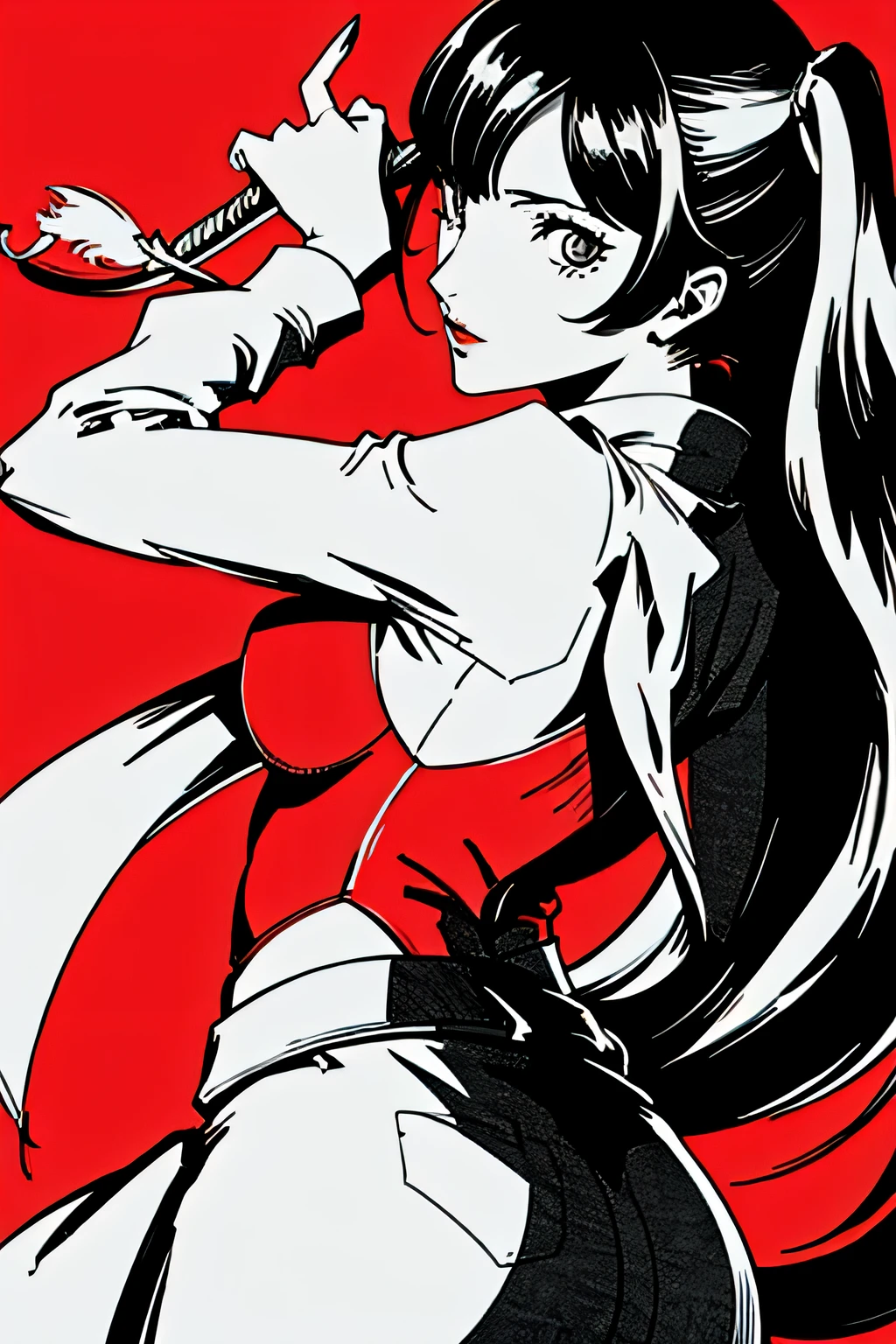 red_black_white,(masterpiece, highest quality:1.3), 1 girl, cel shading, bold outline, flat color, sharp shadows, graphic style, (Manga influence), beautiful line drawing, (striking visuals),