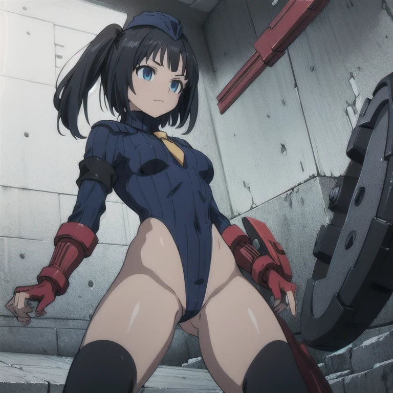 ultra-detailed, Explicit, Beautiful body, Beautiful Nose, Beautiful character design, perfect eyes, perfect face, ultra highres, 4K, beautiful legs, perfect legs, Nice hands, Perfect hand, Masterpiece, Best Quality, Highly detailed, illustration, absurdres, perfect anatomy, expressionless, blank eyes, looking at viewer, emotionless, black latex, corrution, mind control, female combatant, full body, hypnotized, unhappy trance, full body suit, both arms at side, obey, perfect female body, extremely glossy latex, hypnosis, hypnoLora, empty eyes, Mind control device, poses, submissive_pose, Slave, stand up straight, standing, standing at attention, hat, necktie, belt, latex, thighhighs, garter belt, Fighting Stance, extending the right arm from the shoulder into the air with a straightened hand, military, thigh boots, 1girl, hair ornaments, military uniform, high heel boots, black hair, short hair, blue eyes, Akebi-chan no Sailor Fuku, Kao Akebi