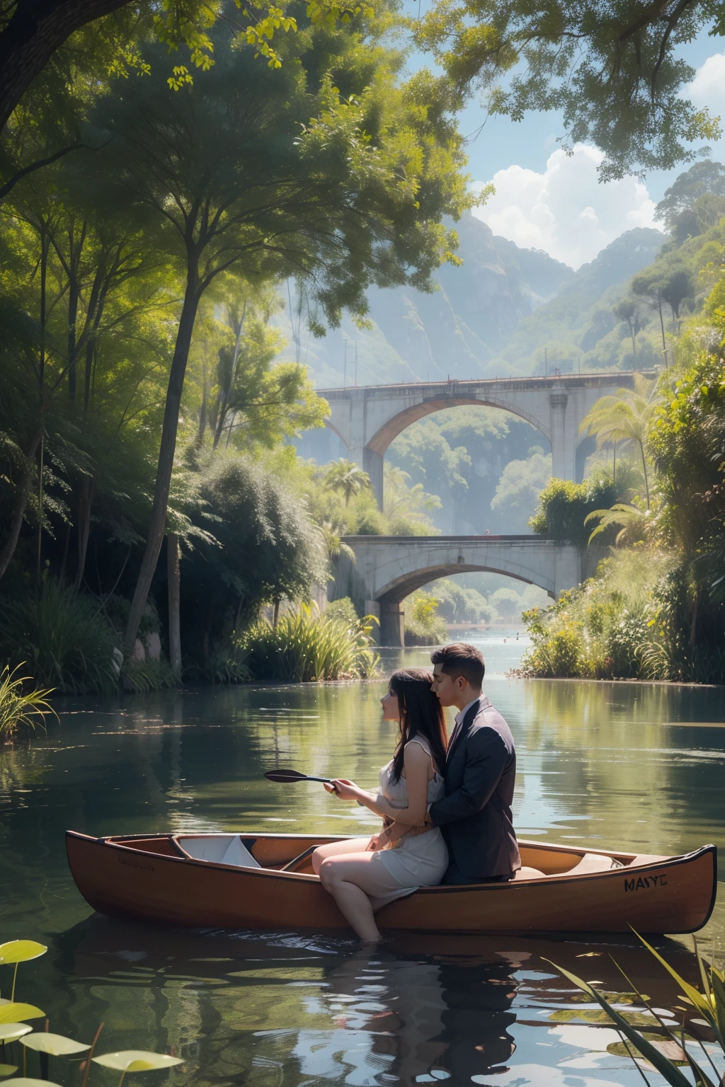((melhor qualidade)), ((obra de arte)), (detalhado), rosto perfeito,A man standing with a woman sitting, they are both in a canoe, com uma ponte ao fundo, Rio calmo, Photographic quality, 4k, altamente detalhado, Intrinsic, ao fundo existe um jardim cheio de flores como o jardim monet