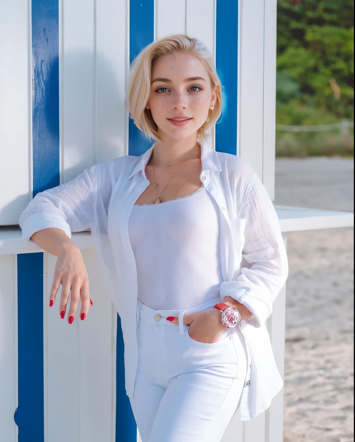 mulher, americana, 25 anos, pale skin and freckles, olhos cinzas, nariz delicado, soft and delicate lips, Cabelo blondie cinza longo e ondulados, sorriso meigo