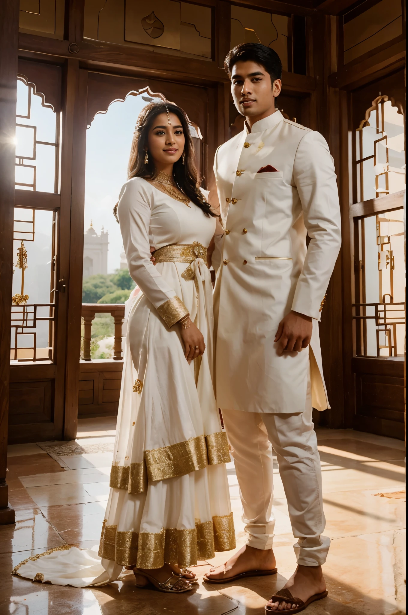 Capture the magical union of two souls in a sacred Indian temple setting. The groom, a handsome 23-year-old with a towering height of 6 feet, showcases his charm in a traditional kurta, emphasizing his decent, bulky physique, including impressive 17-inch biceps. His Asian features add to the allure of this joyous occasion. Beside him is the radiant bride, also 23, standing at 5 feet, which is 1 foot shorter than the groom. With a fair complexion and grace, she complements the groom perfectly. The enchanting love story unfolds against the backdrop of cultural richness, promising a celebration filled with love, tradition, and the promise of a beautiful future. Create an image that encapsulates the essence of this vibrant Indian wedding ceremony in the temple.