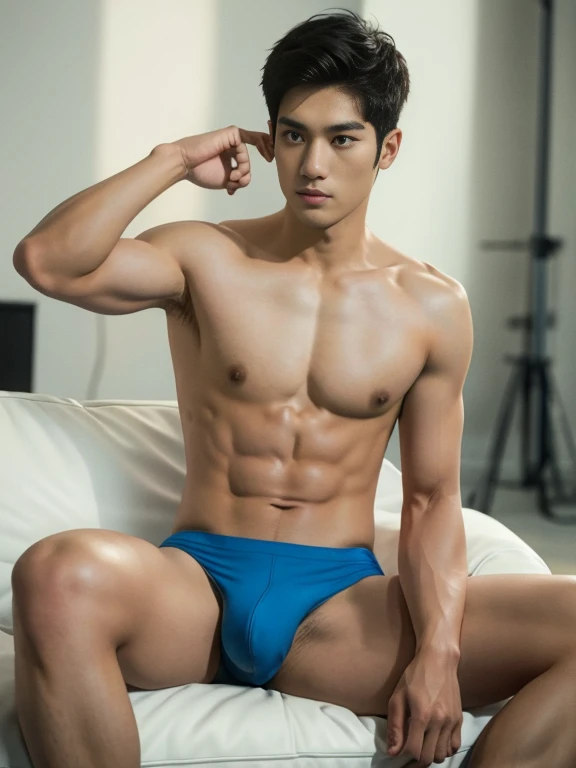 asian male model in a briefs, handsome man, Full Body Shoot, wave hair, look at camera, detailed facial parts, Manly, Charmer, Active Boy, sitting on sofa, open legs, Freestyle Pose, Happy Expression, perfect anatomy, symmetric body, asian boy 19 years old, shirtless :: high detail, asian, a little six packs attractive body, realistic, human skin, Short Hairstyle, handsome chad chin, shirtless, handsome, attractive, masculine, sexually attractive, human skin, (eyes contact), Handsome, Attractive, bulge in briefs