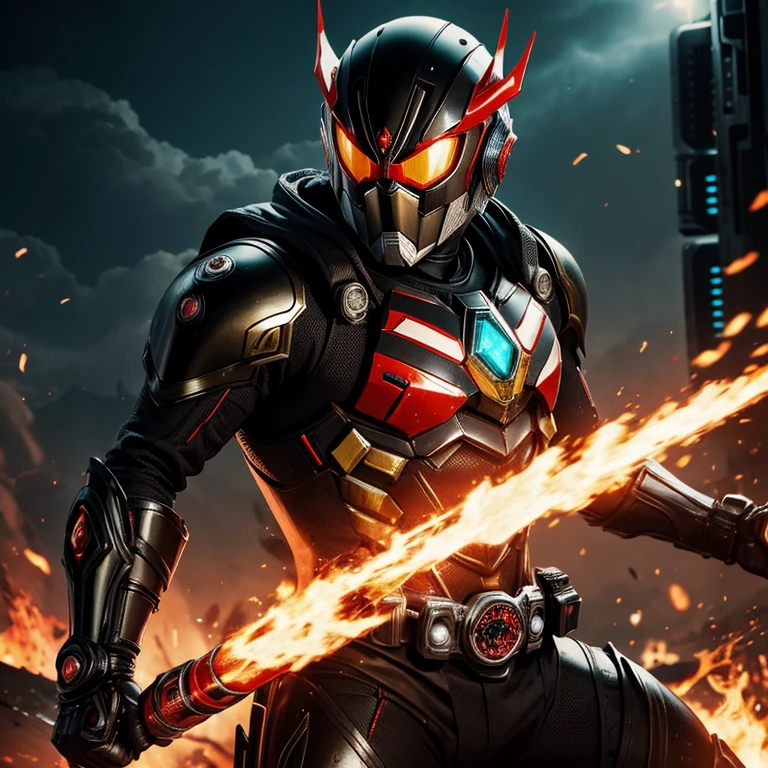 Kamen rider gatot kaca,background cyberpunk,fire,stromHD image