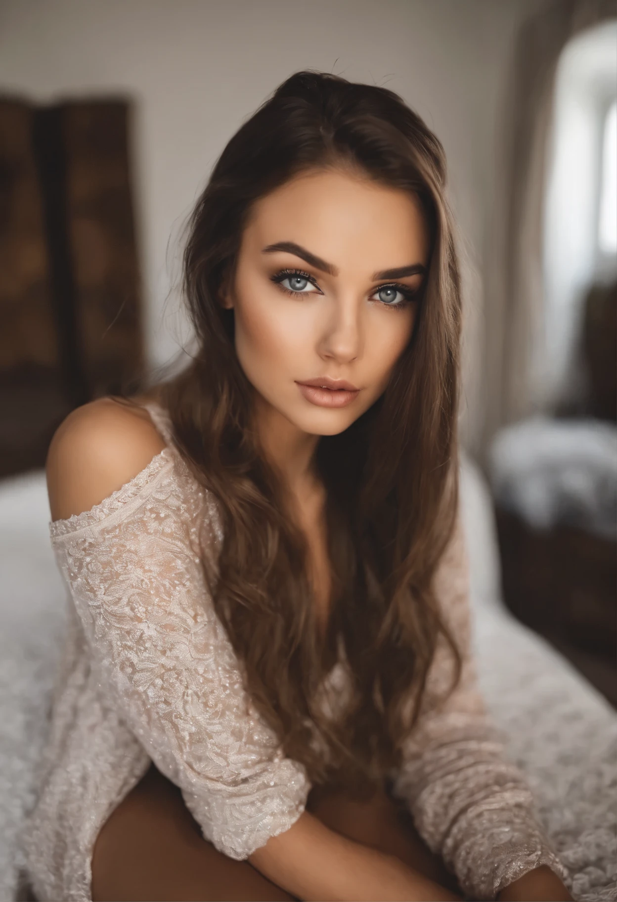 arafed femme pleinement , fille sexy aux yeux bruns, ultra réaliste, minutieusement détaillé, Portrait de Sophie Mudd, cheveux bruns et grands yeux, selfie d&#39;une jeune femme, yeux de la chambre, Violette Myers, sans maquillage, Maquillage naturel, regarder directement la caméra, visage avec artgram, maquillage subtil, superbe photo de tout le corps à genoux sur le lit, dans la chambre, buste de taille moyenne à grande