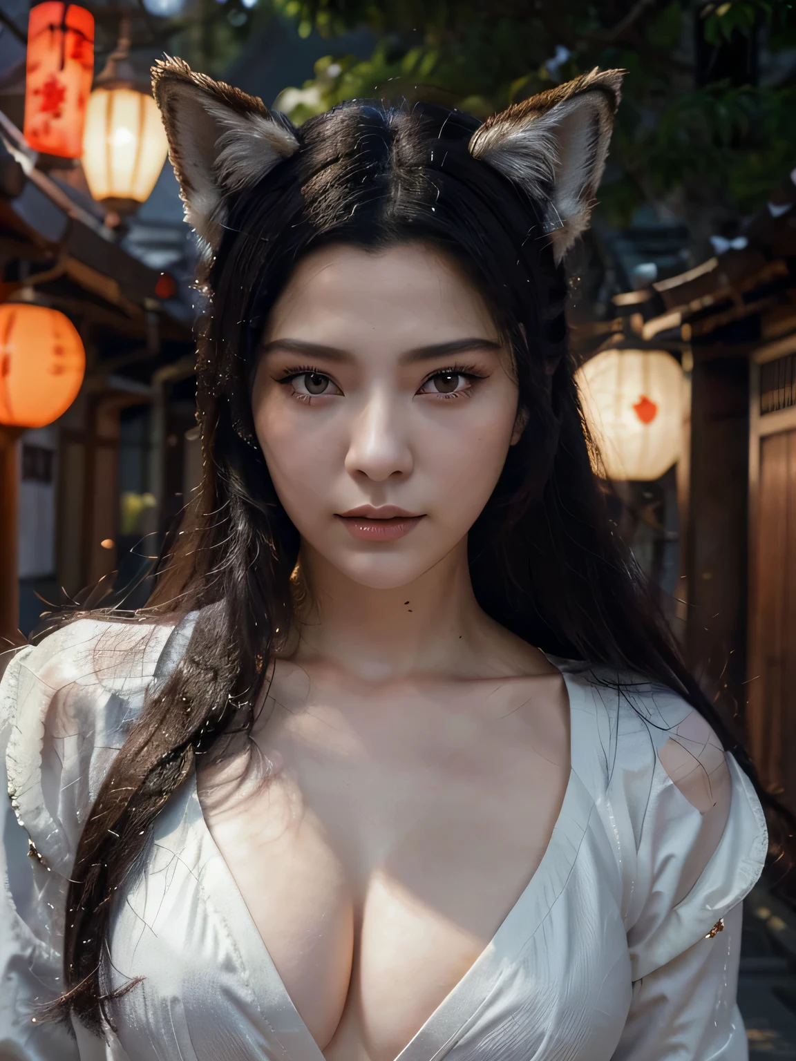 Ultra-realistic capture, Highly detailed, High resolution 16k close-up of human skin, Skin texture must be natural, Detailed enough to finely identify pores, Skin should look healthy, In a uniform tone, Use natural light and color, ahri, ahri_(lize_In the_legends), 1girl in, absurderes, animal_Ears, Black_hair, Detached_sleeves, Distri, facials_marks, Fox_Ears, Fox_tail, hight resolution, lize_In the_legends, long_hair, Snow Suit, Magic, multiple_tailed, white_tailed, orange_Eyes, parted_Lips, Solo, Standing, tail, full_Body, appearance々Take Japan's Yokai with you, The scene of walking along the path of Japan leading to the underworld, ((The Spectacle of the Hundred Demons Night Journey)) sexy