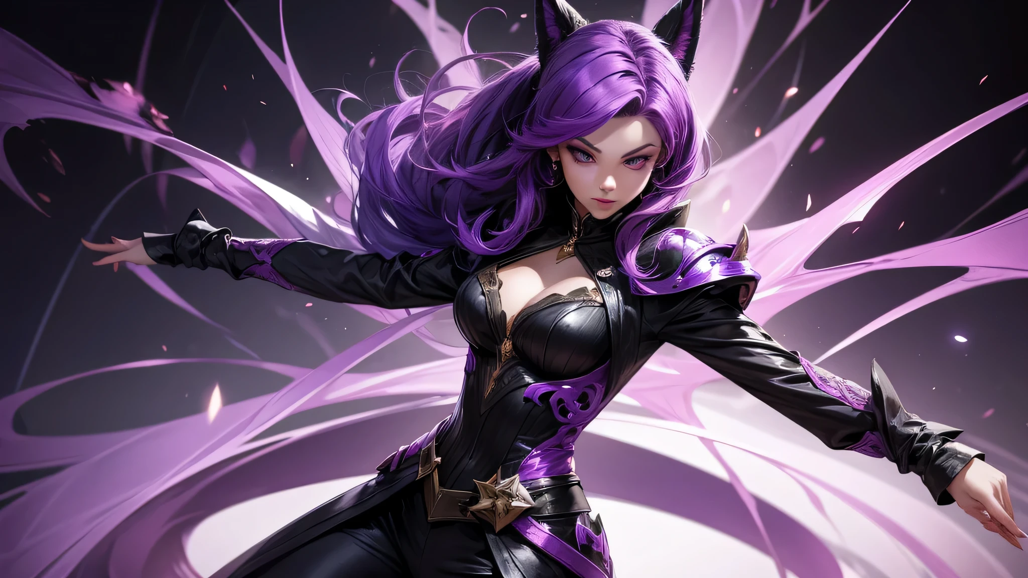 Une femme mystérieuse aux cheveux violets et aux yeux énigmatiques. Elle est vêtue d'une tenue qui semble constamment changer. Les illusions dansent autour d'elle. dans un style League of Legends.