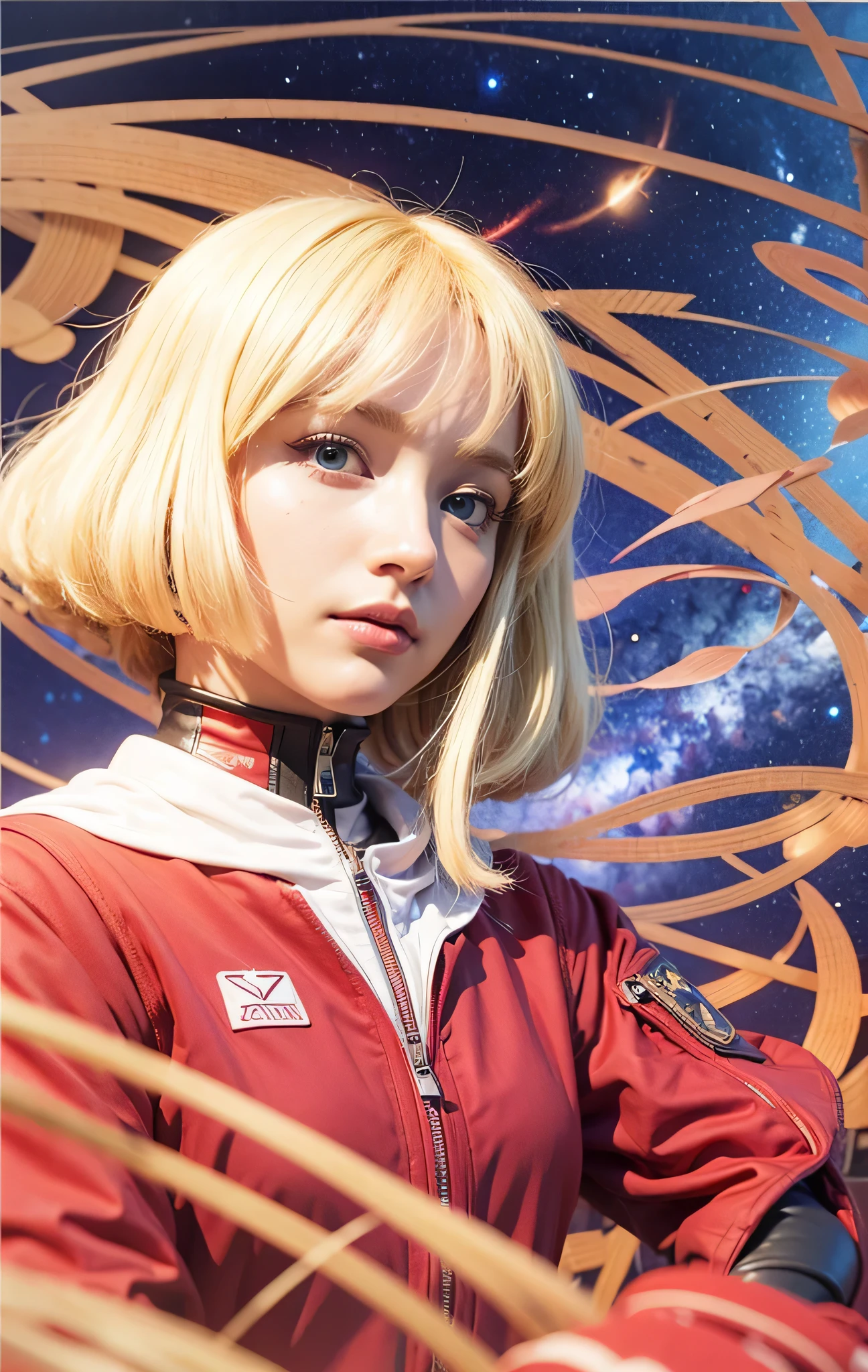 woman with blonde hair and blue eyes wearing a red zeon space suit. Background is Space with magic energy swirling around. Sayla Mass, Sayla Aznable, Realistic Rendering, 3D Portrait