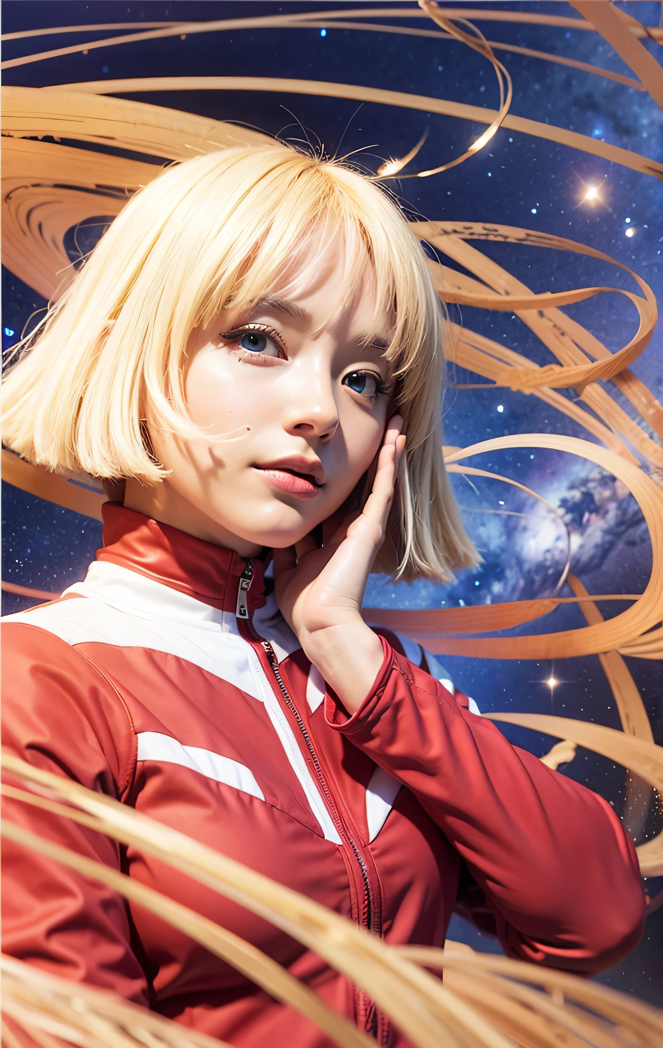 woman with blonde hair and blue eyes wearing a red zeon space suit. Background is Space with magic energy swirling around. Sayla Mass, Sayla Aznable, Realistic Rendering, 3D Portrait