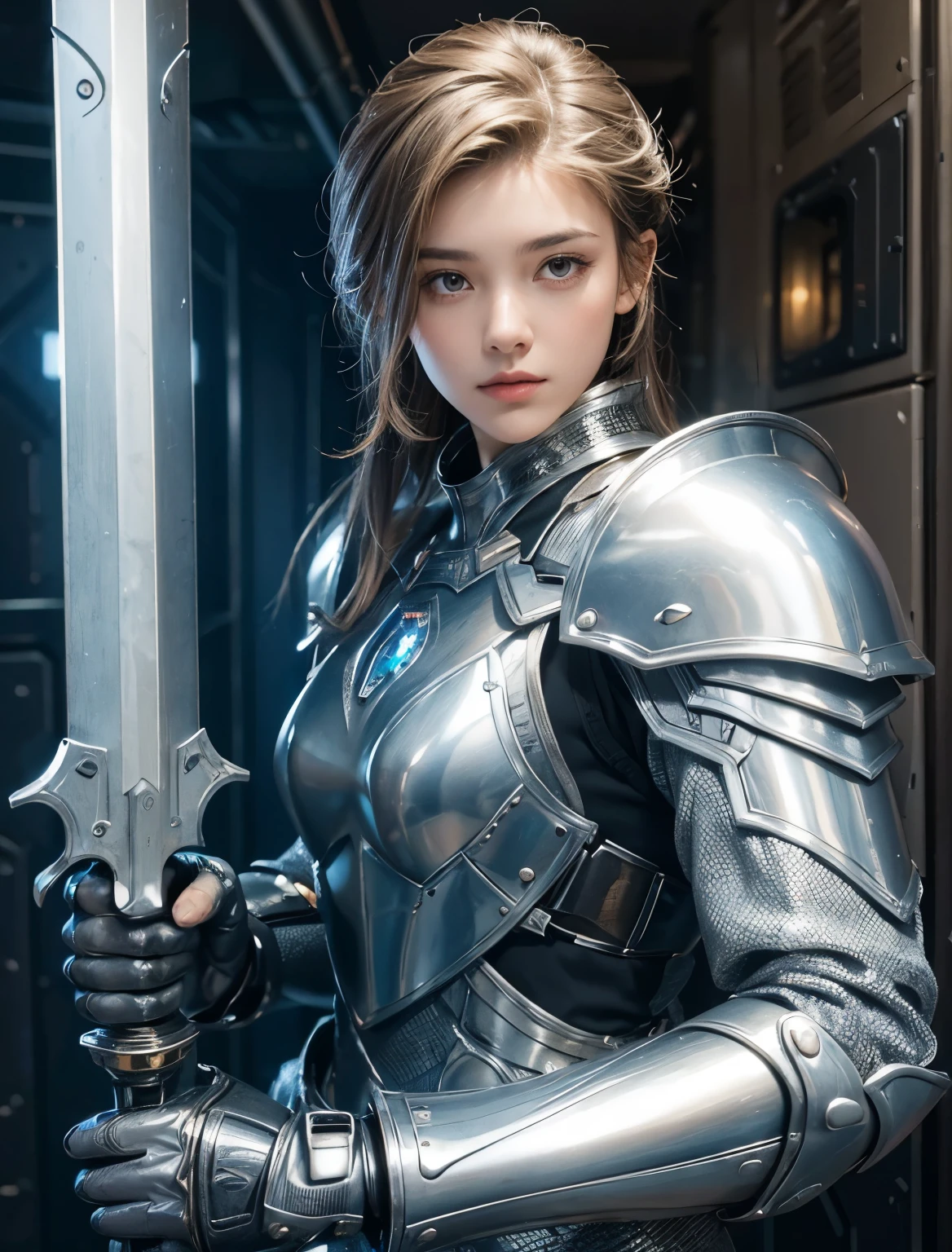 A beautiful woman is wearing silver armor. she is holding a sword and is about to attack the enemy. Brown hair and black eyes. Twenty years old. He is in the hallway of the spaceship.
