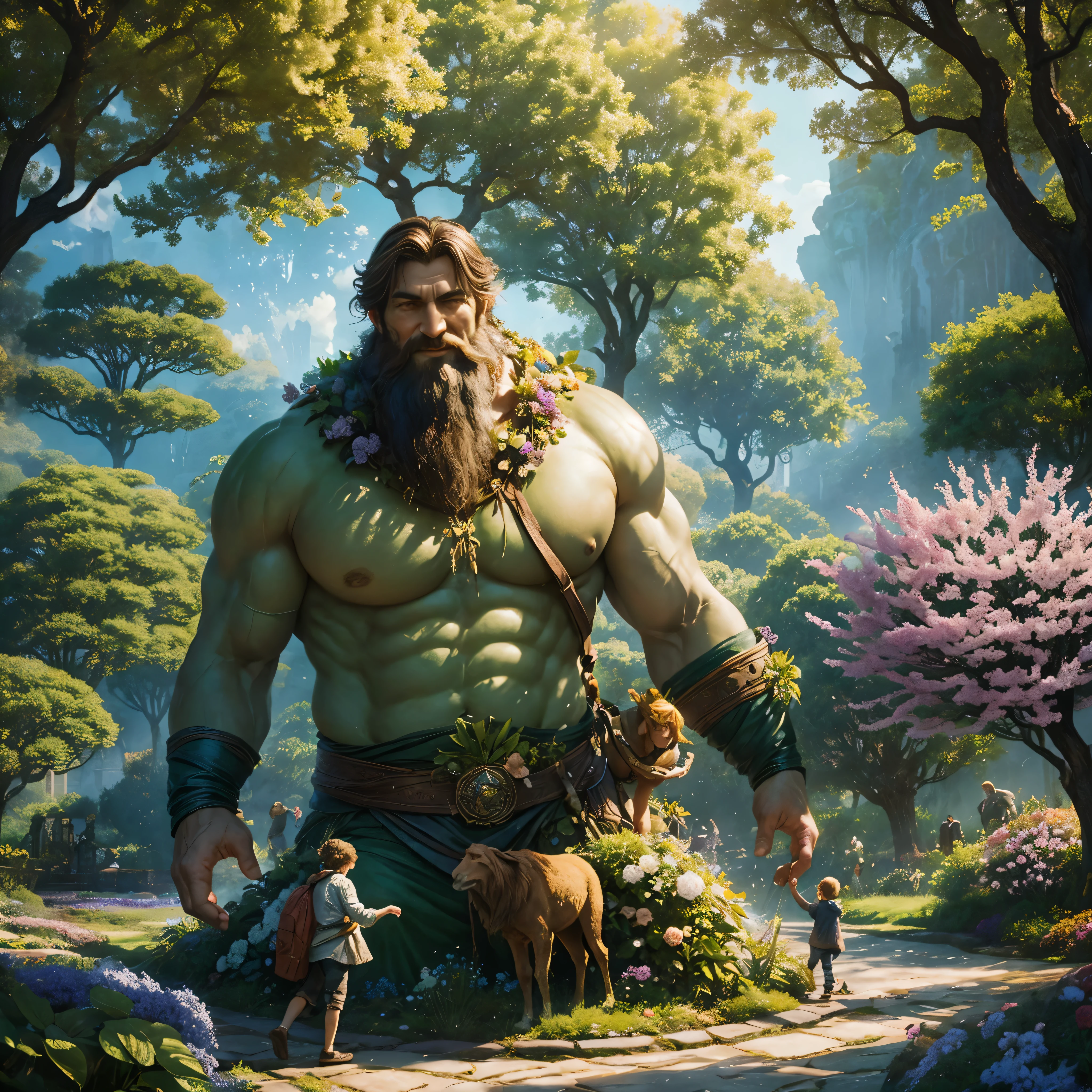 Title: "The Selfish Giant"
Prompt for Story Book Cover:
Set against a backdrop of lush gardens and colorful blooms, depict the main scene from "The Selfish Giant," where the redeemed giant experiences a transformative moment.
Description:
1. The Giant's Garden: Illustrate a magnificent, enclosed garden filled with vibrant flowers, towering trees, and charming creatures. Let the garden exude a sense of beauty and enchantment, inviting the reader to explore its wonders.
2. The Selfish Giant: Portray the giant as a towering figure, initially depicted with a stony expression, hunched shoulders, and a gloomy atmosphere surrounding him. This symbolizes his selfishness and isolation.
3. The Transformation: At the center of the cover, illustrate a heartwarming scene where the giant has a change of heart. Show him standing amidst the blossoming garden, the sun shining brightly as the once barren area flourishes with life. Add emphasis to this joyous moment by including smiling children playing and animals gathering around the giant.
4. Emanating Warmth and Kindness: Use warm and vibrant colors for the sunset sky, glowing sunlight filtering through branches, and the colorful flowers in bloom. Make the scene radiate with a sense of positivity and hope.
5. Book Title: Place the title, "The Selfish Giant," in elegant, stylized letters at the top or bottom of the image, ensuring it stands out clearly and complements the overall design.
Remember to capture the essence of transformation, compassion, and the beauty of nature in this captivating storybook cover for "The Selfish Giant."
