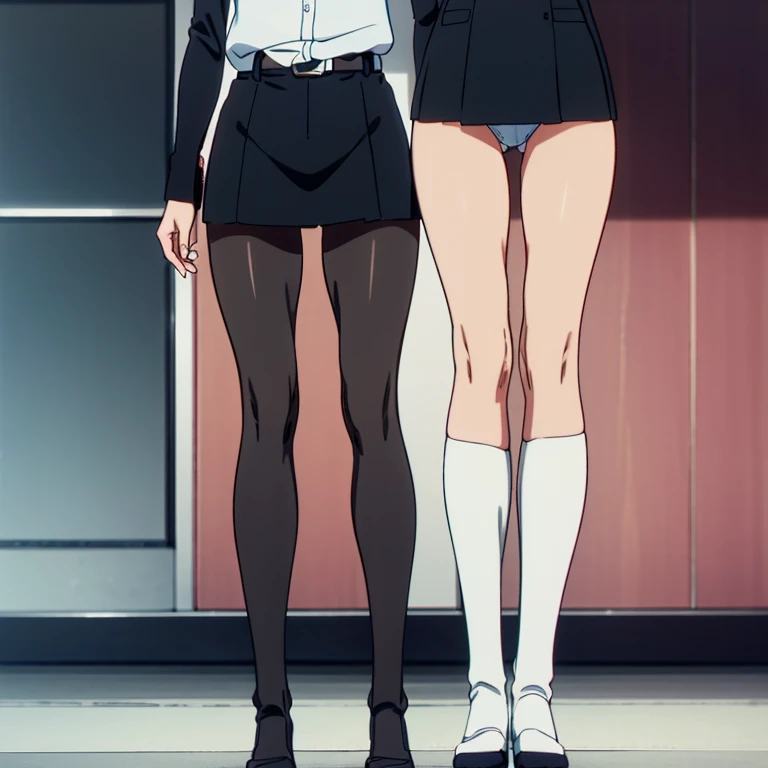 ultra-detailed, Explicit, Beautiful body, Beautiful Nose, Beautiful character design, perfect eyes, perfect face, ultra highres, 4K, beautiful legs, perfect legs, Nice hands, Perfect hand, Masterpiece, Best Quality, Highly detailed, illustration, absurdres, perfect anatomy, expressionless, blank eyes, looking at viewer, emotionless, full body, unhappy trance, both arms at side, perfect female body, stand up straight, standing, standing at attention, belt, garter belt, , military, thigh boots, 1girl, hair ornaments, jacket, military uniform, long sleeves, black skirt, white pantyhose, black footwear, high heel boots, titans uniform, titans suit, black hair, long hair, black eyes, Ayumi Togeguchi, Akebi-chan no Sailor Fuku, twin tails