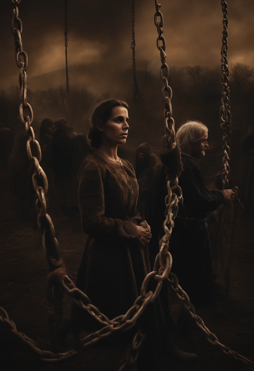 Civilians and peasants tied in strings and chains, dark, horror, death metal,album cover