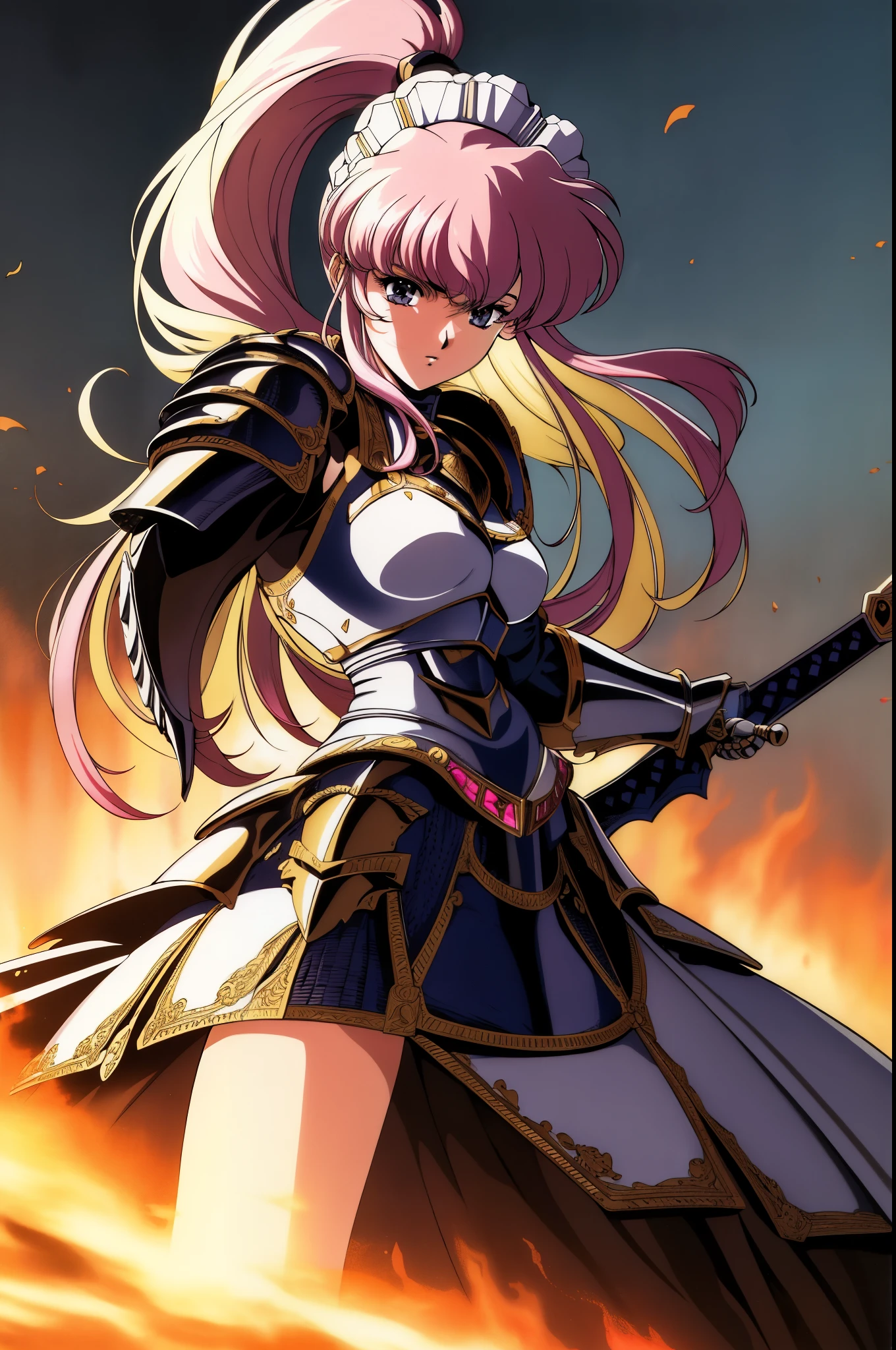 best quality, masterpiece, highres, solo, {PORTRAIT  :1.3}{maid:1.40}, { maid dress:1.15}, , warrior,(armor:1.4),, bangs, upper_body,, black_ascot, hair_between_eyes, breasts, short_hair, grey_eyes,80s anime,retro artstyle, (urushihara satoshi:1.),detail illustration,memegang pedang,knight,ultra detailed,(maid:1.2), (swords),((action pose)),epic effect,((detailed armor,close up))),,determined,(((girl))),1girl, solo, purple hair,, , white background, , retro artstyle, breasts, cape, simple background, 1990s (style), medium breasts, , covered navel, long hair, shiny clothes, looking at viewer, parted lips, ),long hair,pink hair,fantasy world,{flat color:1.4}