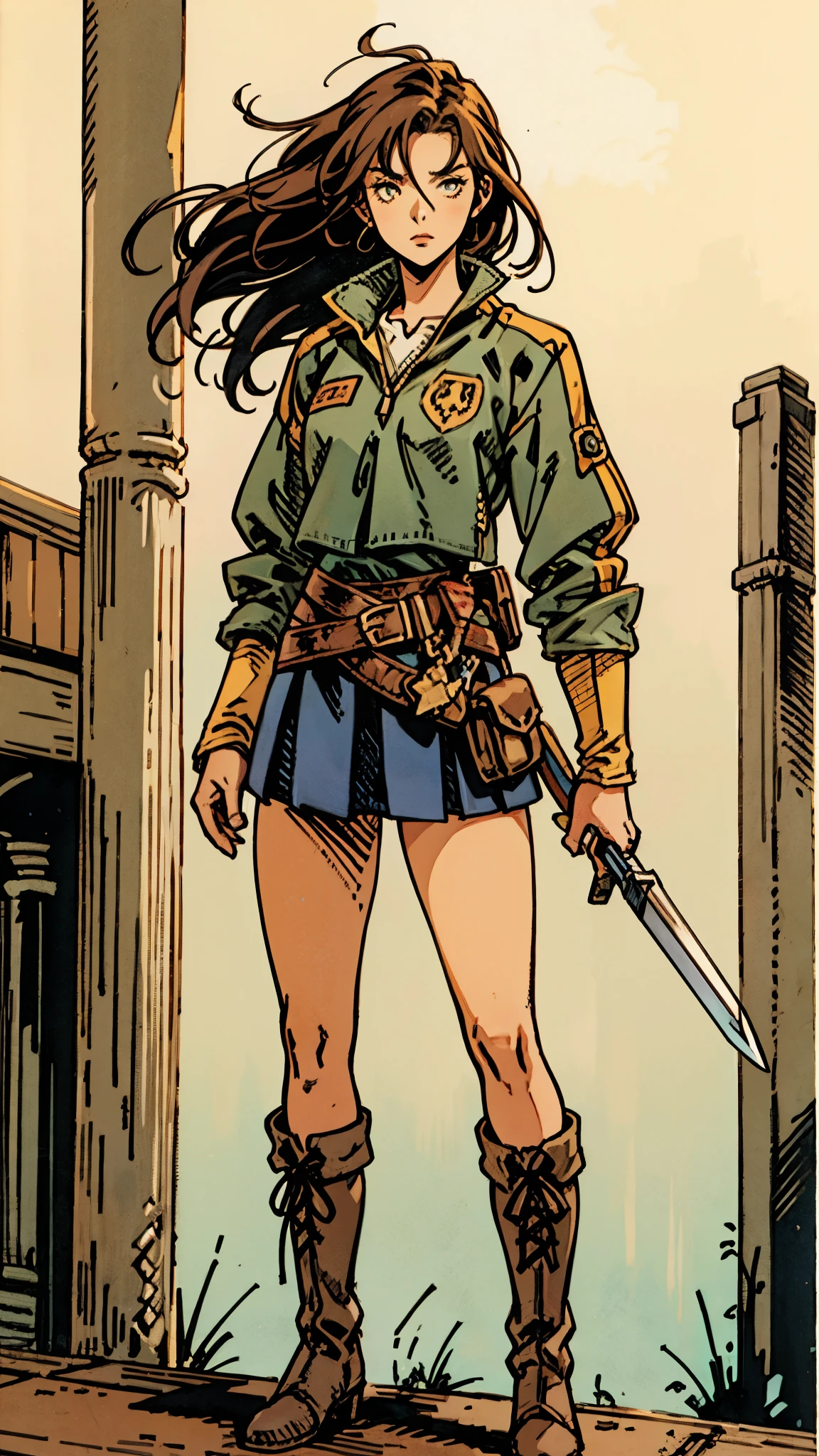 A woman with long brown hair, a determined expression on her exquisite face, a tall and muscular physique, a cropped top that exposes her waist, a yellow leather jacket with rolled-up sleeves, sturdy wooden forearm guards, two ribbons are elegantly tied around her right arm, a short skirt with a small tool pouch around her waist, a dagger is strapped to her thigh, rough cloth boots, her right hand holds a massive cleaver, standing in a fantasy-style wilderness city, this character embodies a finely crafted fantasy-style bounty hunter in anime style, exquisite and mature manga art style, high definition, best quality, highres, ultra-detailed, ultra-fine painting, extremely delicate, professional, anatomically correct, symmetrical face, extremely detailed eyes and face, high quality eyes, creativity, RAW photo, UHD, 8k, Natural light, cinematic lighting, masterpiece-anatomy-perfect, masterpiece:1.5