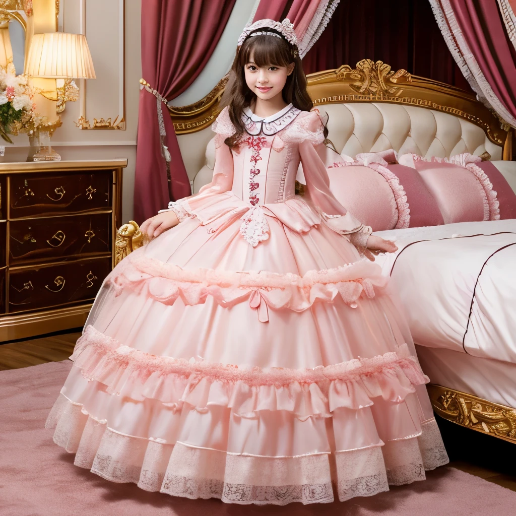 unity 3k wallpaper,highest quality, masterpiece, highest resolution, artwork, super それにget used to it, many get used to it, get used to it, それにget used to it, More realistic,woman, ,the girl is a princess,pink victorian nightgown,Ball gown dress,pajamas,long sleeve,long dress,Nightgown with lots of frills and ribbons,luxury,Bedroom,