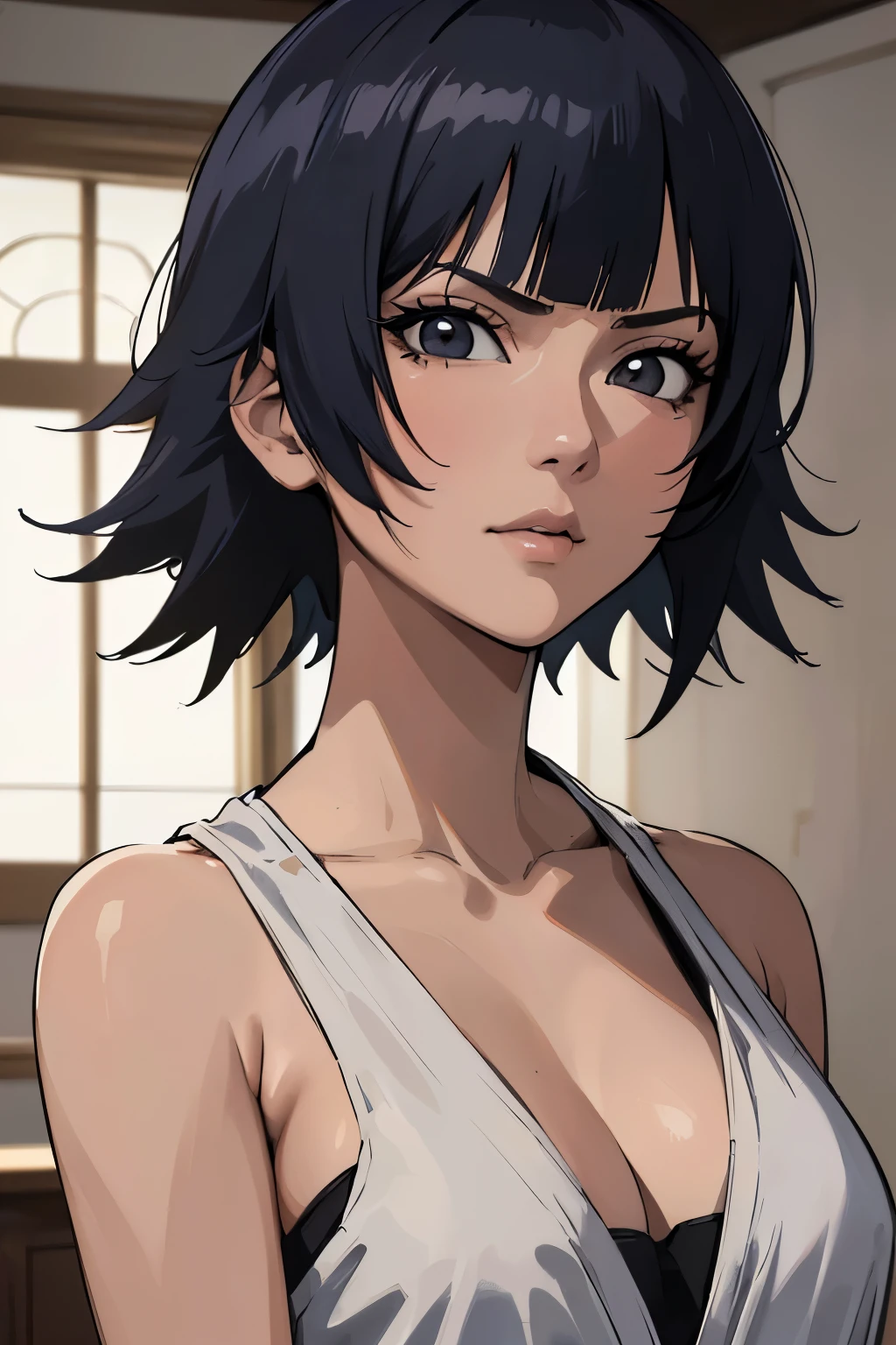 ultra-realistic 8k CG, masterpiece, ((ultra detailed background, expressive eyes, fine drawing, intricate details, high detail, better quality fine details, hyper-detailed face)), (photorealistic: 1.4), beautiful lighting, absurdity, RAW photo, film grain, soi fon, 1girl, solo, dark black hair, short hair, black eyes, makeup, side strands, ((medium breasts, slim girl)), ((bleach clothing)), ((intricately detailed background, inside, dim lighting, moody lighting, inside bedroom inside)), ((close-up, portrait))