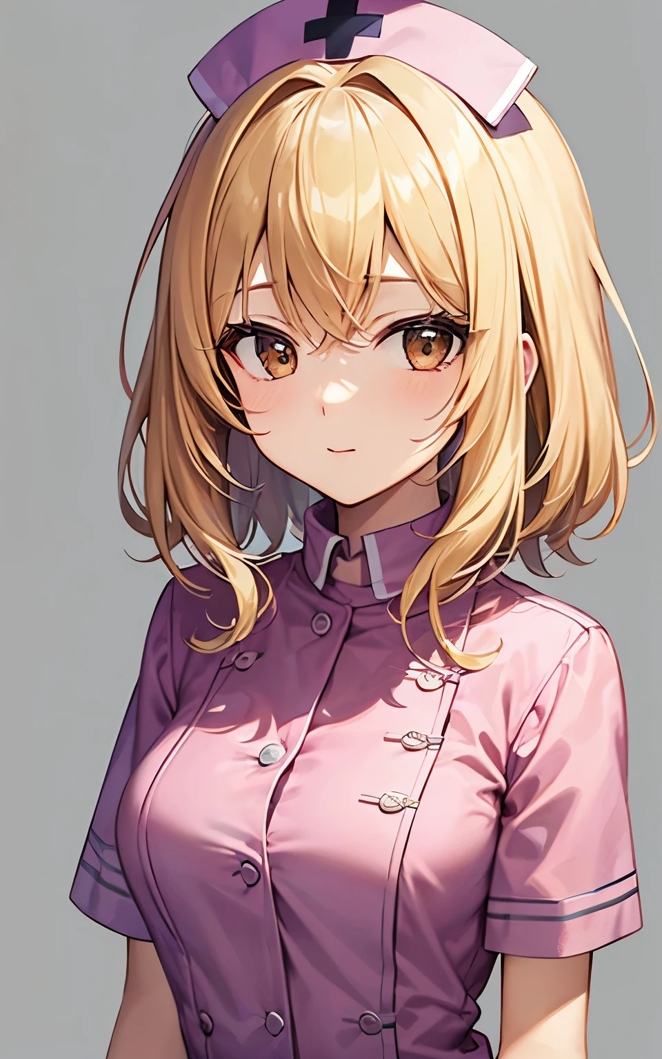 Golden hair、medium hair、brown eyes、Plain gray background、pink nurse uniform、beautiful girl、Rin々new expression、