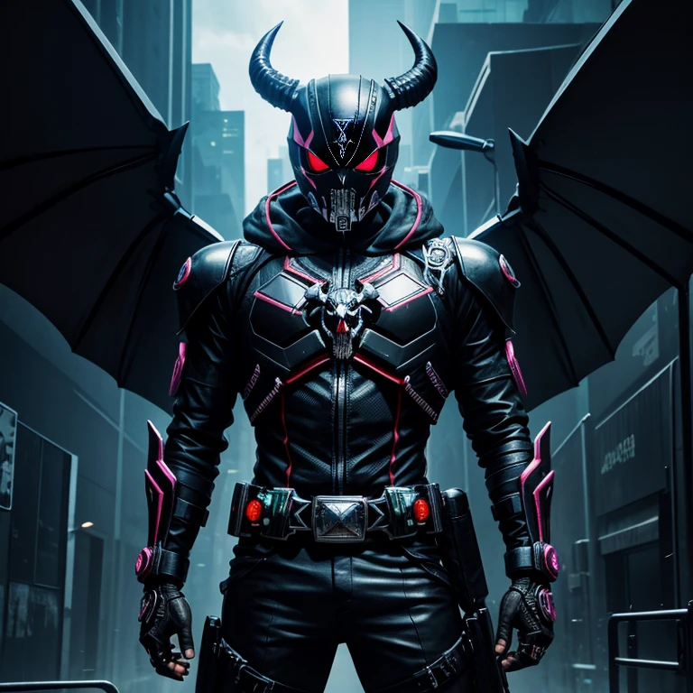 Kamen rider skull,baphomet,background cyberpunk,HD image