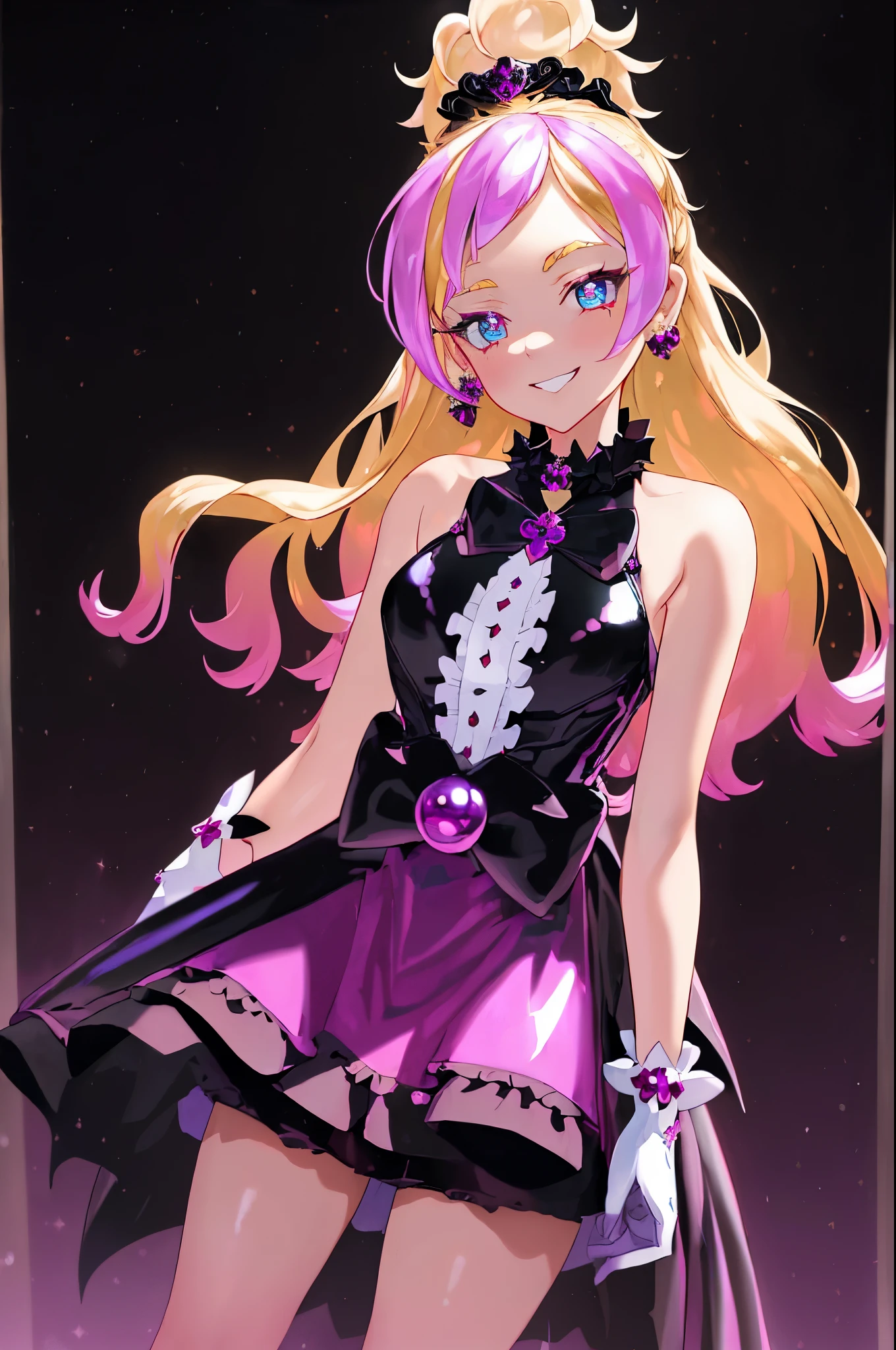 best quality, ultra detailed,1girl, solo, {cure flora}, (blonde hair), black skirt with frills, black tiara, wrist cuffs, purple shorts, black dress, boots, medium breast, TwilightBelt, black enamel boots,, darken clothes, {evil smile}, devilish aura (shiny fabric:1.5), full body shot, purple gem, seductive, blush, (beautiful detailed eyes:1.6), extremely detailed face, perfect lighting, extremely detailed CG, (perfect hands, perfect anatomy), devil, red and black color scheme, shiny material, smirks, black ribbon, black satin gloves, evil clover leaf ornament, black frills, jewelry, corruption, latex shine, black gothic cloak, {evil grin}, dark world background, red moon, cloudy sky, cg style, princess look,