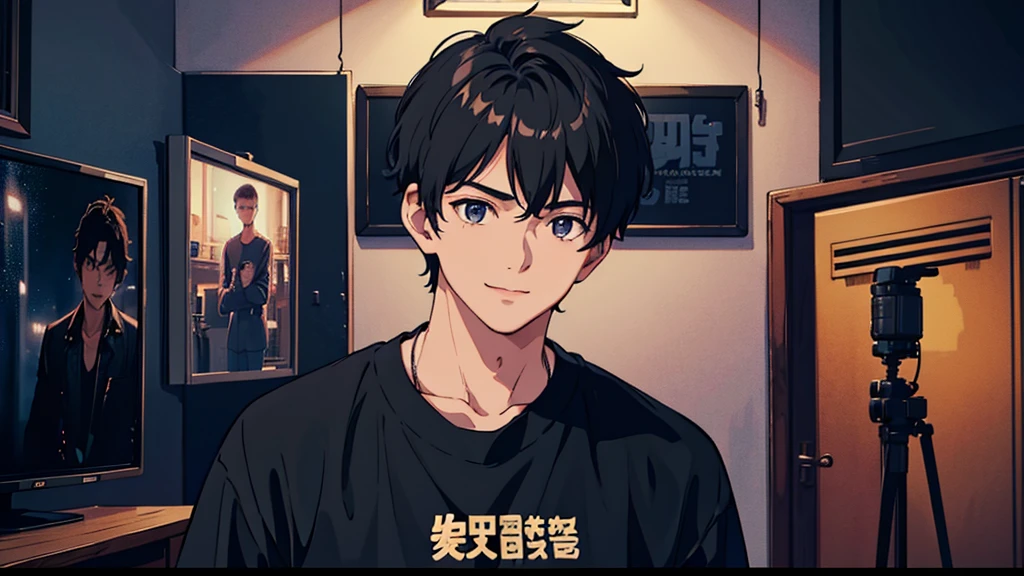 Boy saying something facing front, 20 yo handsome boy, little blur dark background, movie poster in background, bedroom, dark room, character must be in meddle,front face and body camera, cinematic, dramatic, night, smile on face, face and body must be front view, 1 person