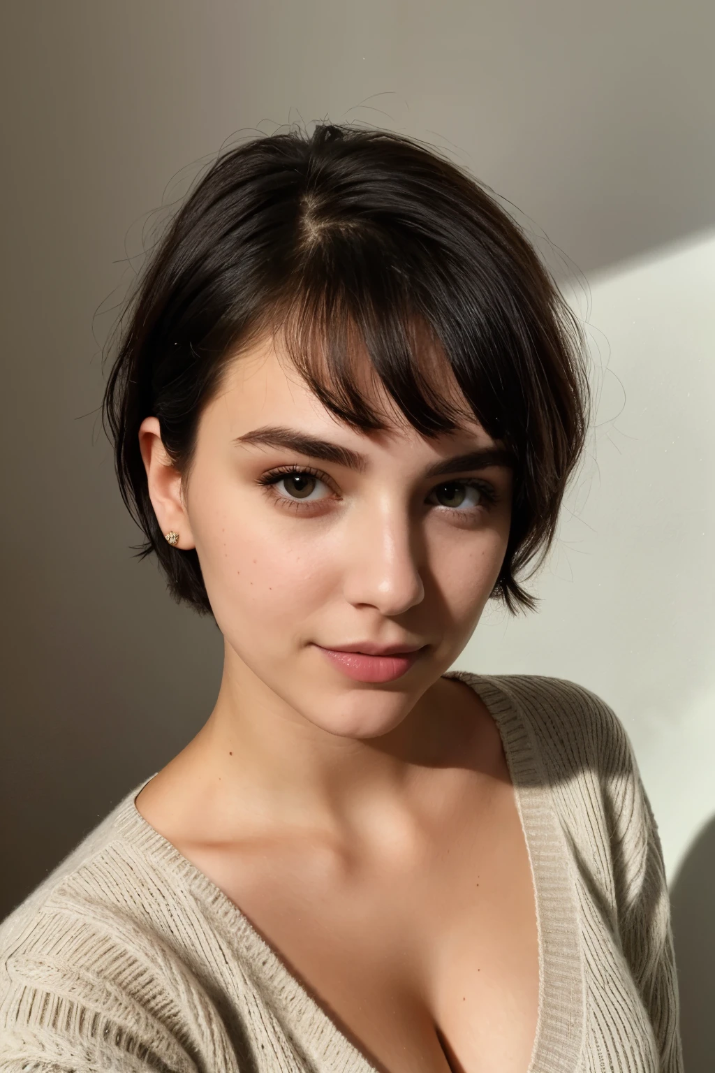 instagram photo, 21yo french woman, short hair, black hair, closeup portrait, sweater, cleavage, pale, hard shadows