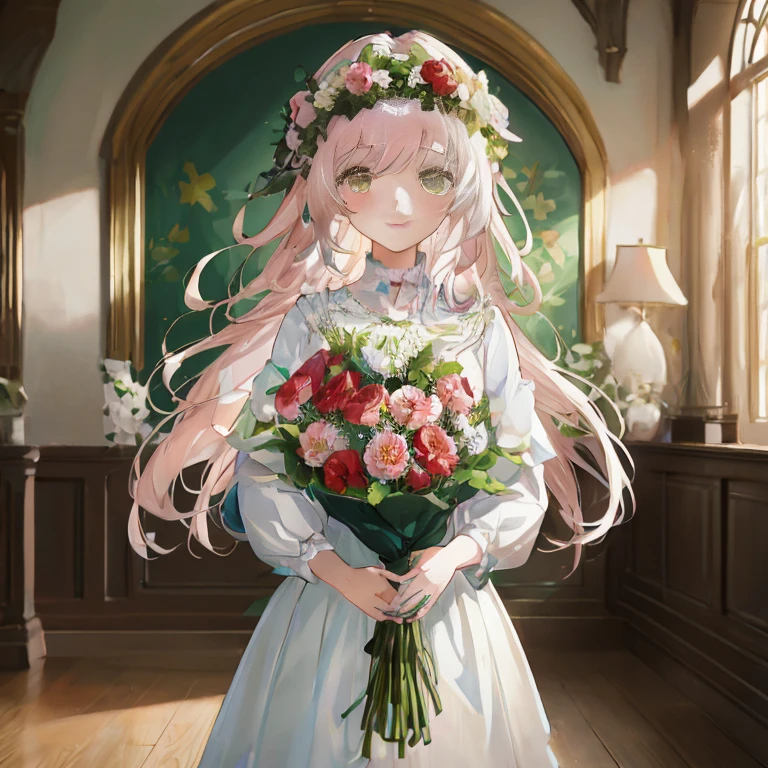 anime girl in white dress holding a bouquet of flowers in a room, guweiz on pixiv artstation, guweiz on artstation pixiv, anime visual of a cute girl, official art, detailed digital anime art, artwork in the style of guweiz, official artwork, smooth anime cg art, guweiz masterpiece