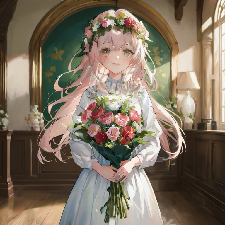 anime girl in white dress holding a bouquet of flowers in a room, guweiz on pixiv artstation, guweiz on artstation pixiv, anime visual of a cute girl, official art, detailed digital anime art, artwork in the style of guweiz, official artwork, smooth anime cg art, guweiz masterpiece