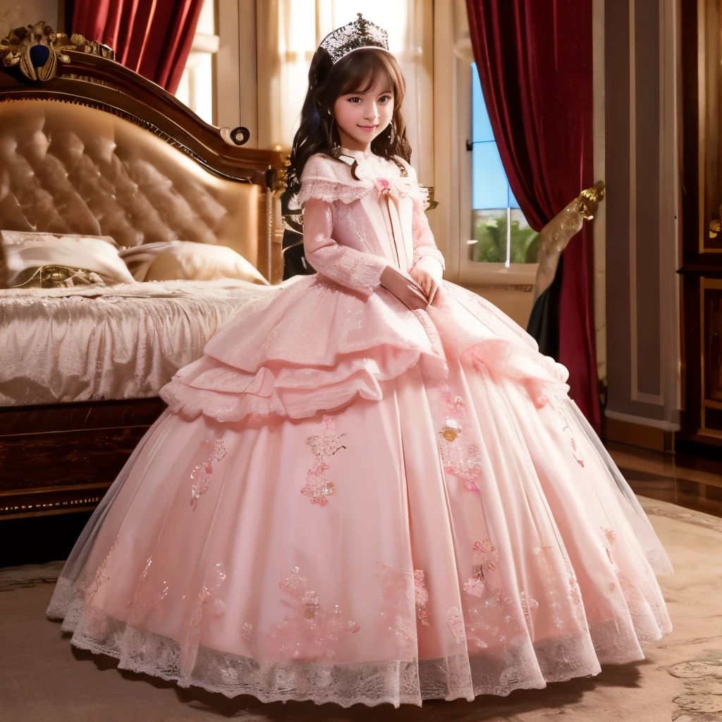 unity 3k wallpaper,highest quality, masterpiece, highest resolution, artwork, super それにget used to it, many get used to it, get used to it, それにget used to it, More realistic,woman, ,the girl is a princess,pink victorian nightgown,Ball gown dress,pajamas,long sleeve,long dress,Nightgown with lots of frills and ribbons,luxury,Bedroom,