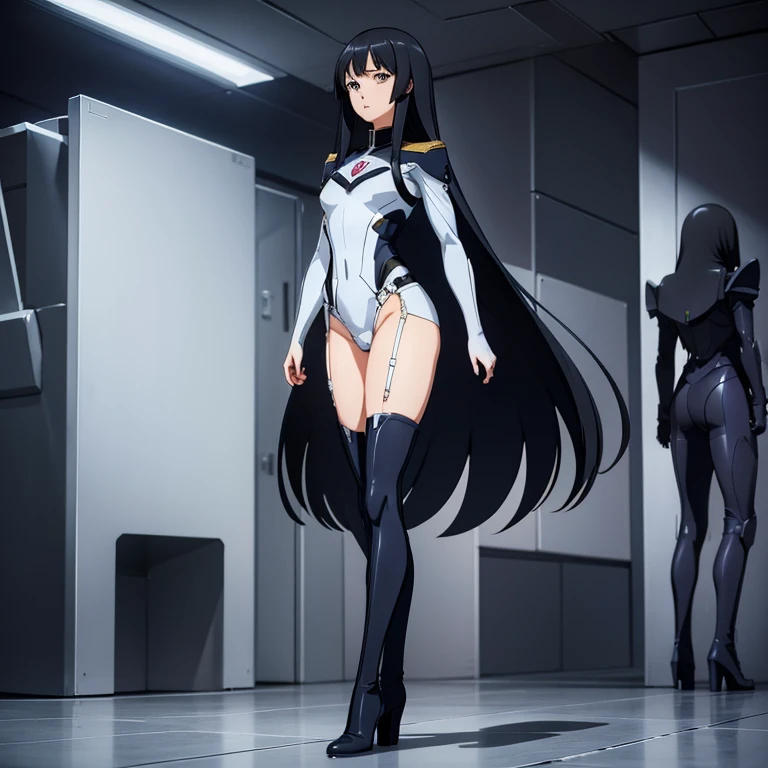 ultra-detailed, Explicit, Beautiful body, Beautiful Nose, Beautiful character design, perfect eyes, perfect face, ultra highres, 4K, beautiful legs, perfect legs, Nice hands, Perfect hand, Masterpiece, Best Quality, Highly detailed, illustration, absurdres, perfect anatomy, expressionless, blank eyes, looking at viewer, emotionless, full body, both arms at side, perfect female body, stand up straight, standing, standing at attention, belt, garter belt, , military, thigh boots, 1girl, hair ornaments, jacket, military uniform, long sleeves, black skirt, white pantyhose, black footwear, high heel boots, titans uniform, titans suit, black hair, long hair, blue eyes, Tsuzaki Aoba, Jinki: Extend