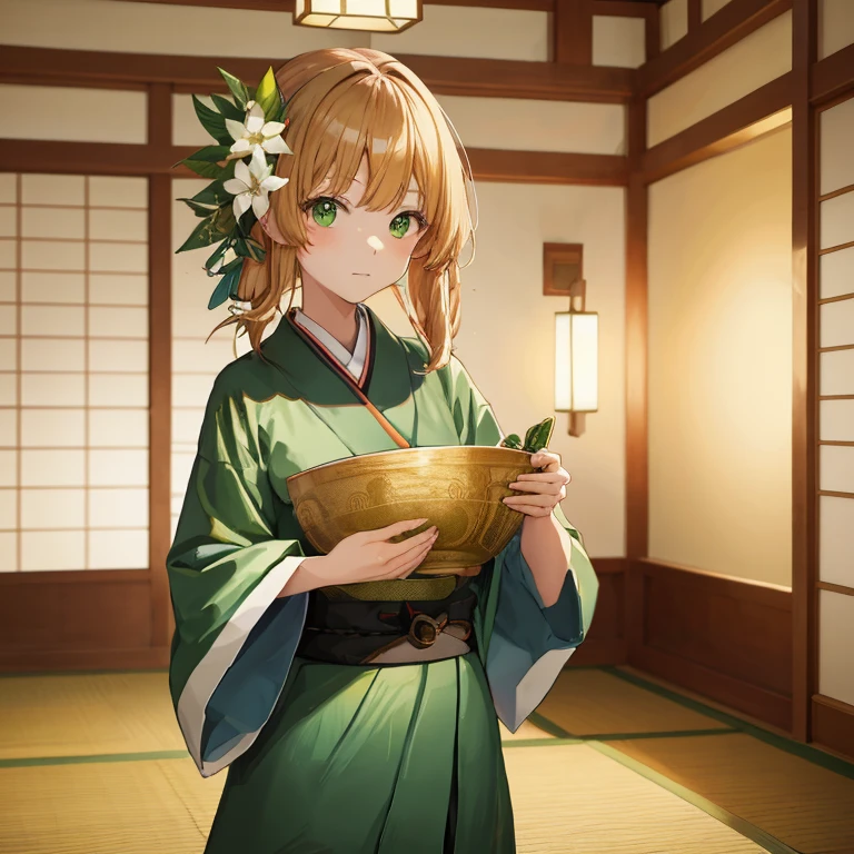 anime girl in a green kimono holding a bowl of food, painted in anime painter studio, digital anime illustration, made with anime painter studio, demon slayer rui fanart, kawaii realistic portrait, pixiv contest winner, inspired by Nishikawa Sukenobu, guweiz on pixiv artstation, kantai collection style, rin, cute anime girl portrait