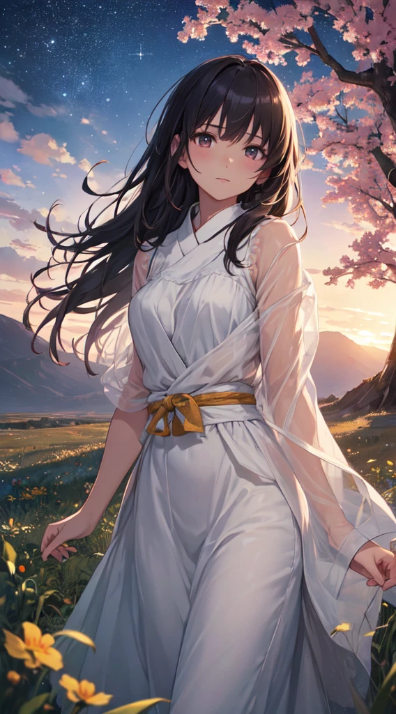 Focus on the person. We create and express the best shining composition of the person. ((Masterpiece)), (((highest quality)))), ((Ultra detail)), (Ultra realistic), (Highly detailed CG illustrations), (Very delicate and beautiful), Girls as masterpieces, highest quality, realistic skin, realistic fabrics, realist illustrations focusing on girls with realistic and ultra-detailed eyes in the center front. This is the absolute rule, and the following sentence expresses the image quality. It is the greatest masterpiece in the history of the class of Inuitsuki Ichigo, in which the owner of the greatest painting talent in human history met an unparalleled beauty and risked his life to depict the most beautiful figure. Create stunning anime artwork that is currently trending on seaStation, showcasing exquisite beauty and captivating aesthetics. Envision a scene where a Japanese high school girl, with a youthful face and yellow clear eyes, is lying on a grassy hill under a starry sky in the world of "Princess Mononoke". long hair and black hair The grass rustles softly in the wind, the sound of nature providing a soothing soundtrack. Her dynamite body and finely textured skin glow under the moonlight. Her clothes and accessories, realistically depicted, change according to the fabric material. The stars twinkle in the sky, adding a touch of realism to the scene. This image captures a miraculous moment in her life as she bravely lives in this different world. The image should be hyper-realistic, highly detailed, and in high-resolution 16k. Use a Sony Alpha 1 Mirrorless Camera with a Sony FE 24-105mm f/4 G OSS lens. Set the ISO sensitivity to 32,000 and the shutter speed to 1/125 second. The image should be framed in such a way that the girl is in the center, with the vast starry sky above and the rolling hills of "Princess Mononoke" in the background. --ar 16:9 --v 5.1 --style raw --q 2 --s 750