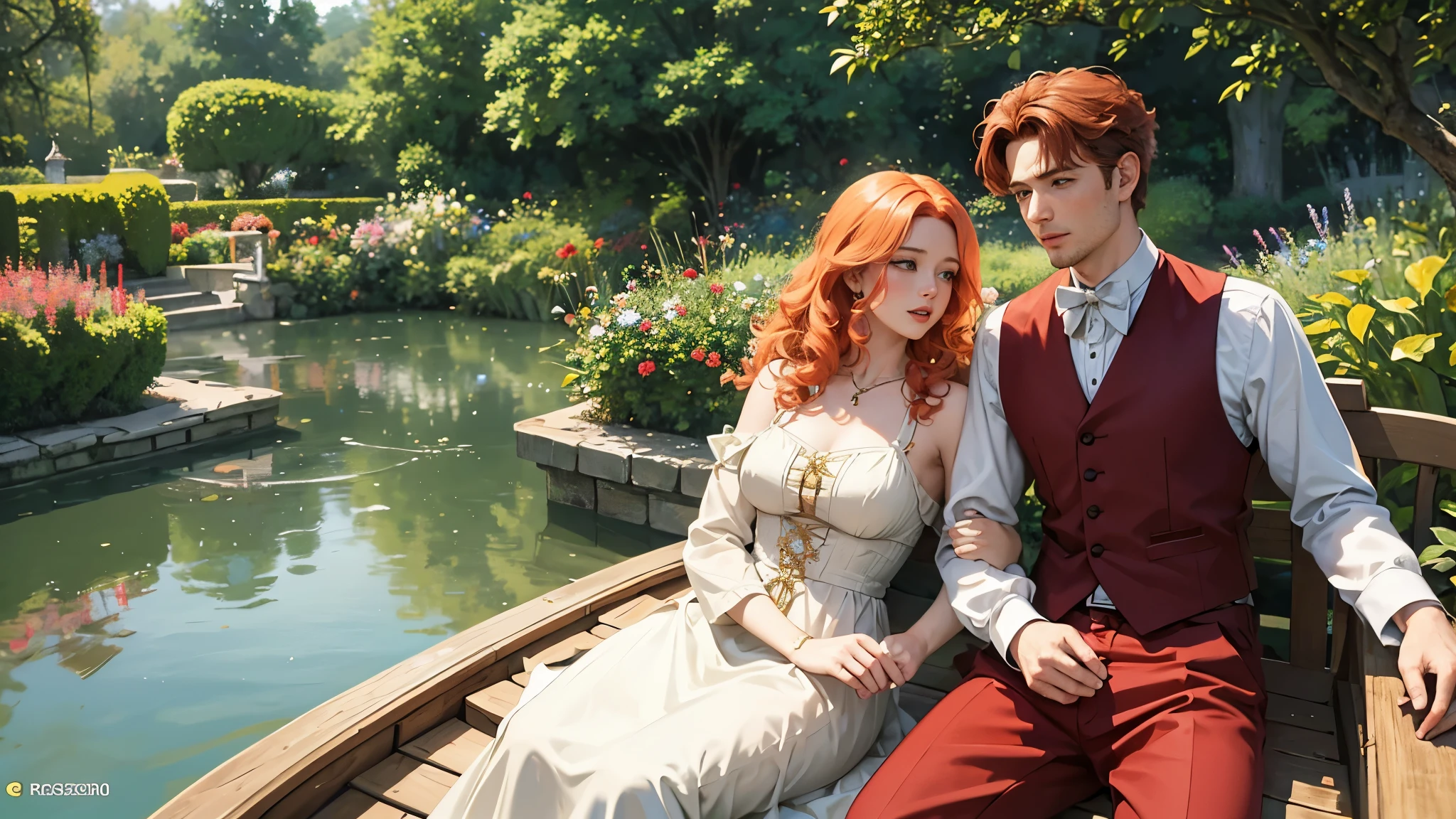A blond man and a woman with curly red hair on a boat in a romantic scene in Monet's Garden 4k highly detailed, ((rostos perfeitos))