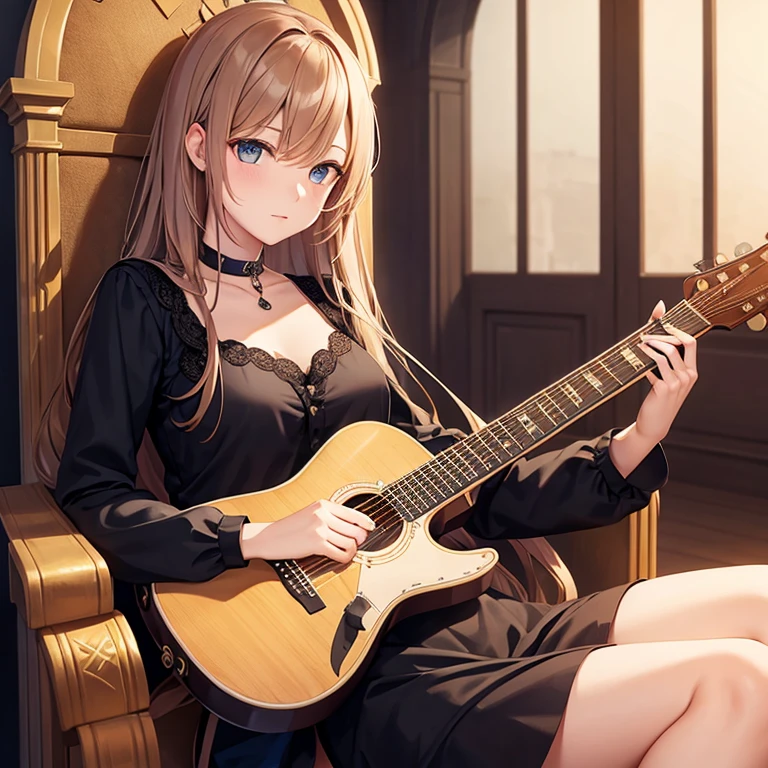 Woman lying on throne in dark clothes playing guitar,  on her lap