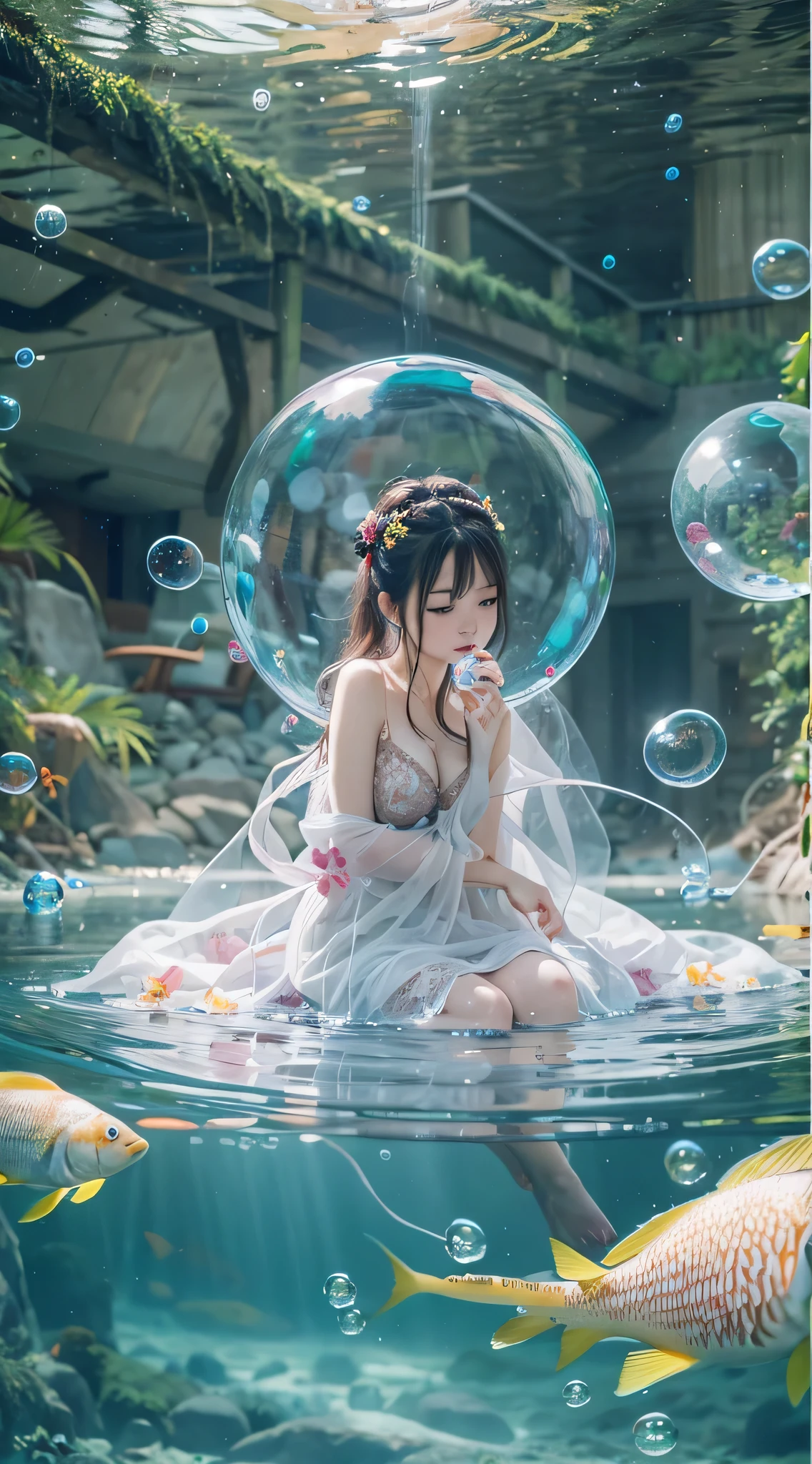 Female pervert,Meditation sitting with fishesPartial underwater photography,BestWorks,Floral pattern sheer dress:1.4,bubbles of water bubble out of his mouth, the clothes will float in the water, String Camisole Dress:1.5