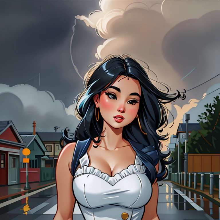 There is a woman standing in the street with her hair blowing in the wind, in oil painting style, tempo sombrio. hiperrealista, chovendo retrato, pintura digital highly detailed, in the style of an oilpainting, pouco detalhado. pintura digital, trigo tempestuoso, Dia de tempestade, beautiful standing in the rain, a young Asian woman, in style of pintura digital