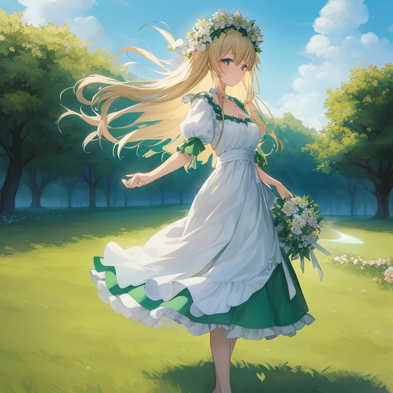 anime girl in a white dress with a flower crown in a field,  in dress, guweiz on pixiv artstation, beautiful maiden, guweiz on artstation pixiv, cushart krenz key art feminine, violet evergarden, blonde anime girl with long hair, smooth anime cg art, a maid in a magical forest, zerochan art