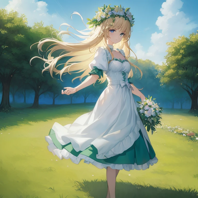 anime girl in a white dress with a flower crown in a field,  in dress, guweiz on pixiv artstation, beautiful maiden, guweiz on artstation pixiv, cushart krenz key art feminine, violet evergarden, blonde anime girl with long hair, smooth anime cg art, a maid in a magical forest, zerochan art