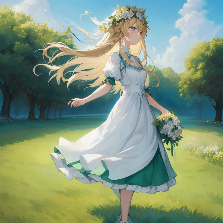 anime girl in a white dress with a flower crown in a field, in dress, guweiz on pixiv artstation, beautiful maiden, guweiz on artstation pixiv, cushart krenz key art feminine, violet evergarden, blonde anime girl with long hair, smooth anime cg art, a maid in a magical forest, zerochan art
