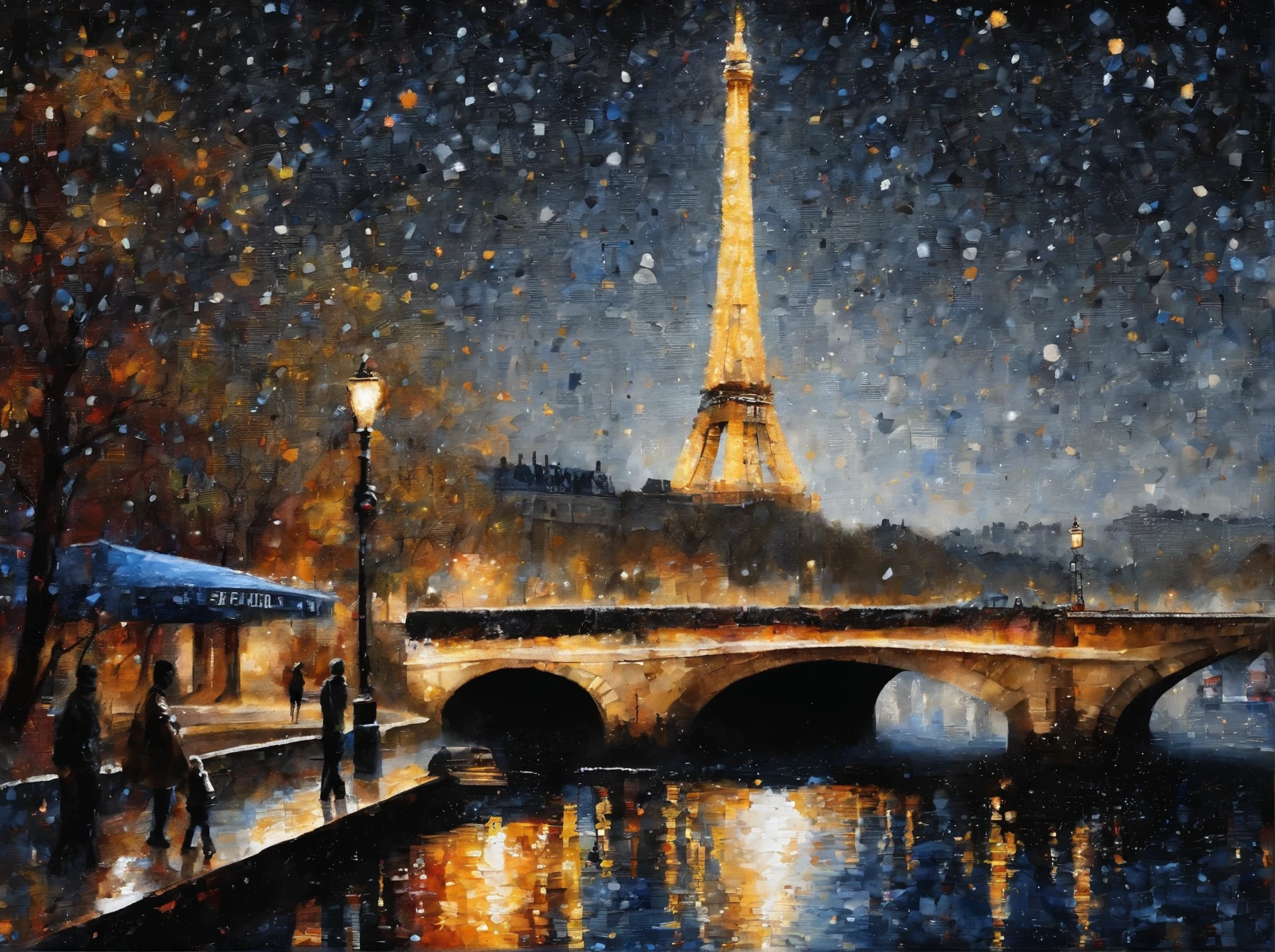 white and black painting of daily city life of paris, typical parisen life, effiel tower and river. in the style of contemporary collage, album covers, fluid, high detailed, masterpiece of watercolor painting, relief, Very detailed.