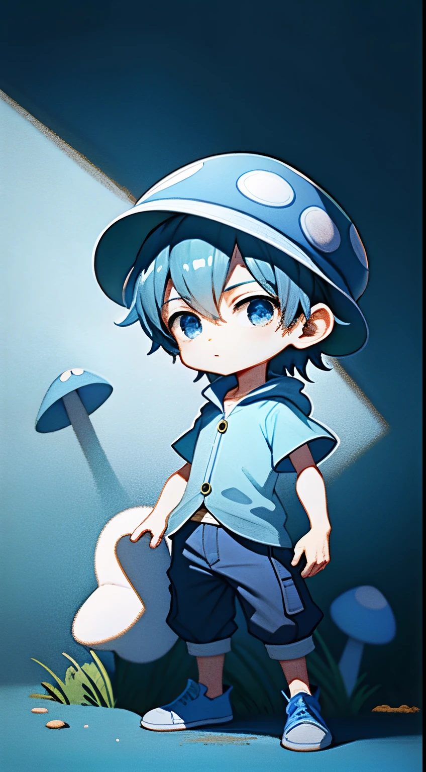 1 boy,blue mushroom hat,