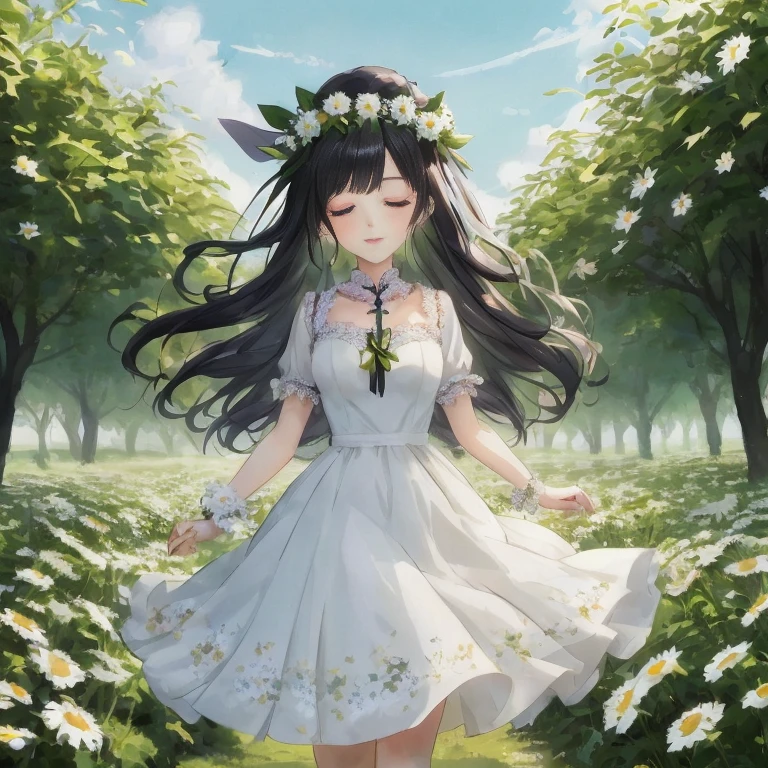 anime girl in a white dress walking through a field of daisies, guweiz on pixiv artstation, guweiz on artstation pixiv, guweiz, cute anime waifu in a nice dress, anime visual of a cute girl, artwork in the style of guweiz,  in dress, smooth anime cg art, beautiful anime, beautiful anime art