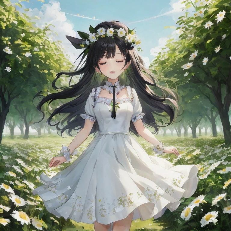 anime girl in a white dress walking through a field of daisies, guweiz on pixiv artstation, guweiz on artstation pixiv, guweiz, cute anime waifu in a nice dress, anime visual of a cute girl, artwork in the style of guweiz, in dress, smooth anime cg art, beautiful anime, beautiful anime art