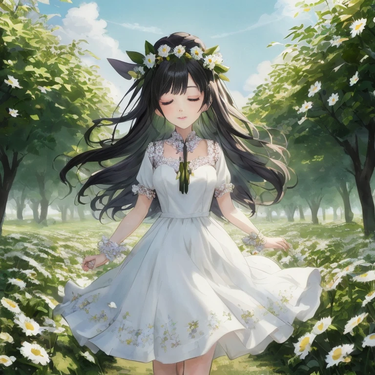 anime girl in a white dress walking through a field of daisies, guweiz on pixiv artstation, guweiz on artstation pixiv, guweiz, cute anime waifu in a nice dress, anime visual of a cute girl, artwork in the style of guweiz, in dress, smooth anime cg art, beautiful anime, beautiful anime art