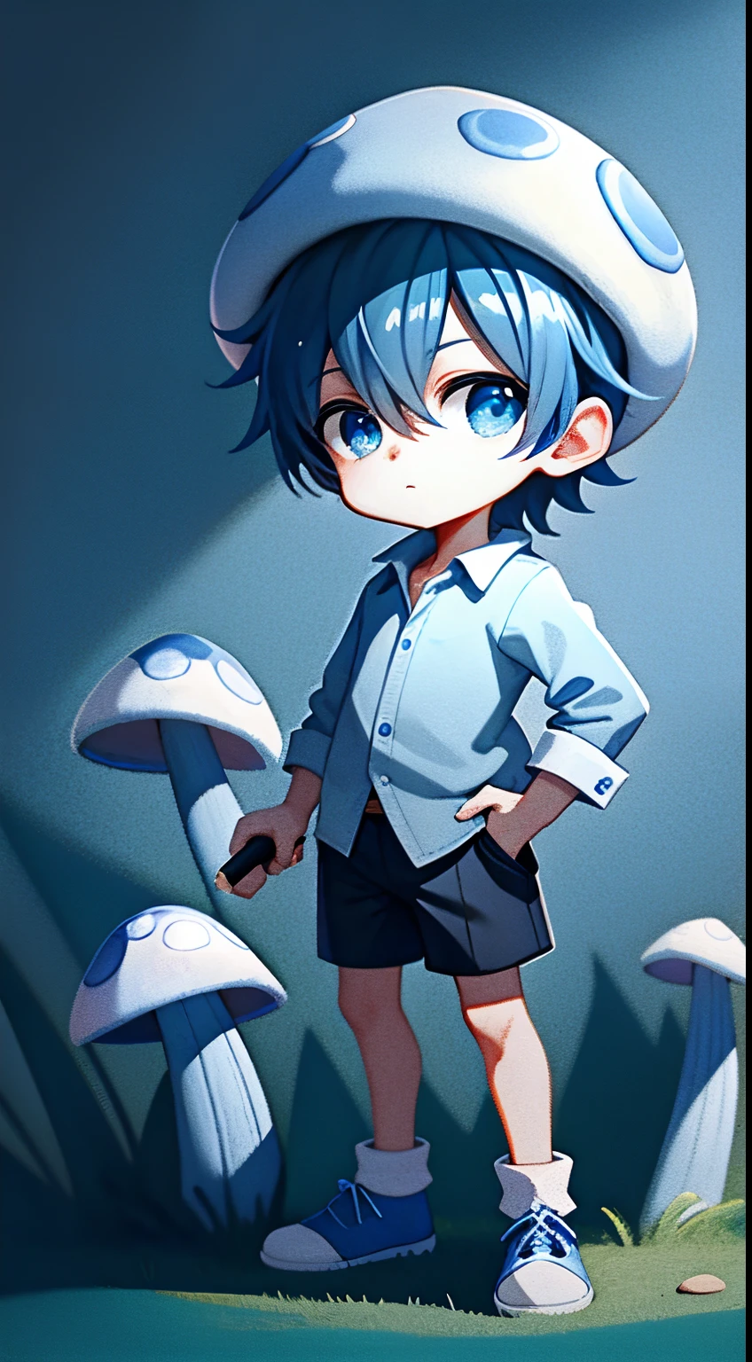 1 boy,blue mushroom hat,